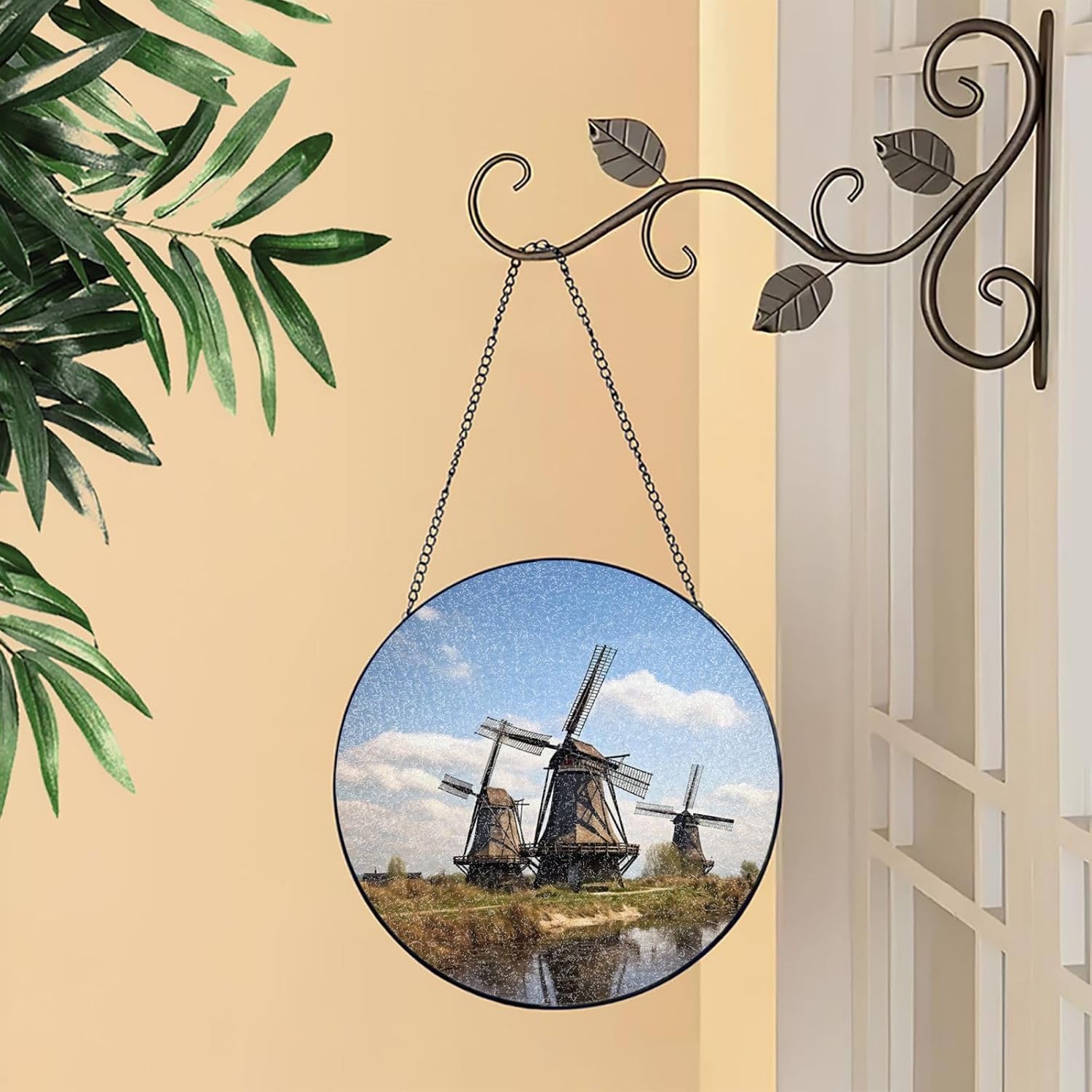 Stained Glass Window Hanging 6in（15cm）, Windmills Glass Suncatcher for Home Decor, Indoor Wall Art Glass Panel with Metal Chain and Hooks, Sun Catcher Ornament Birthday Gifts