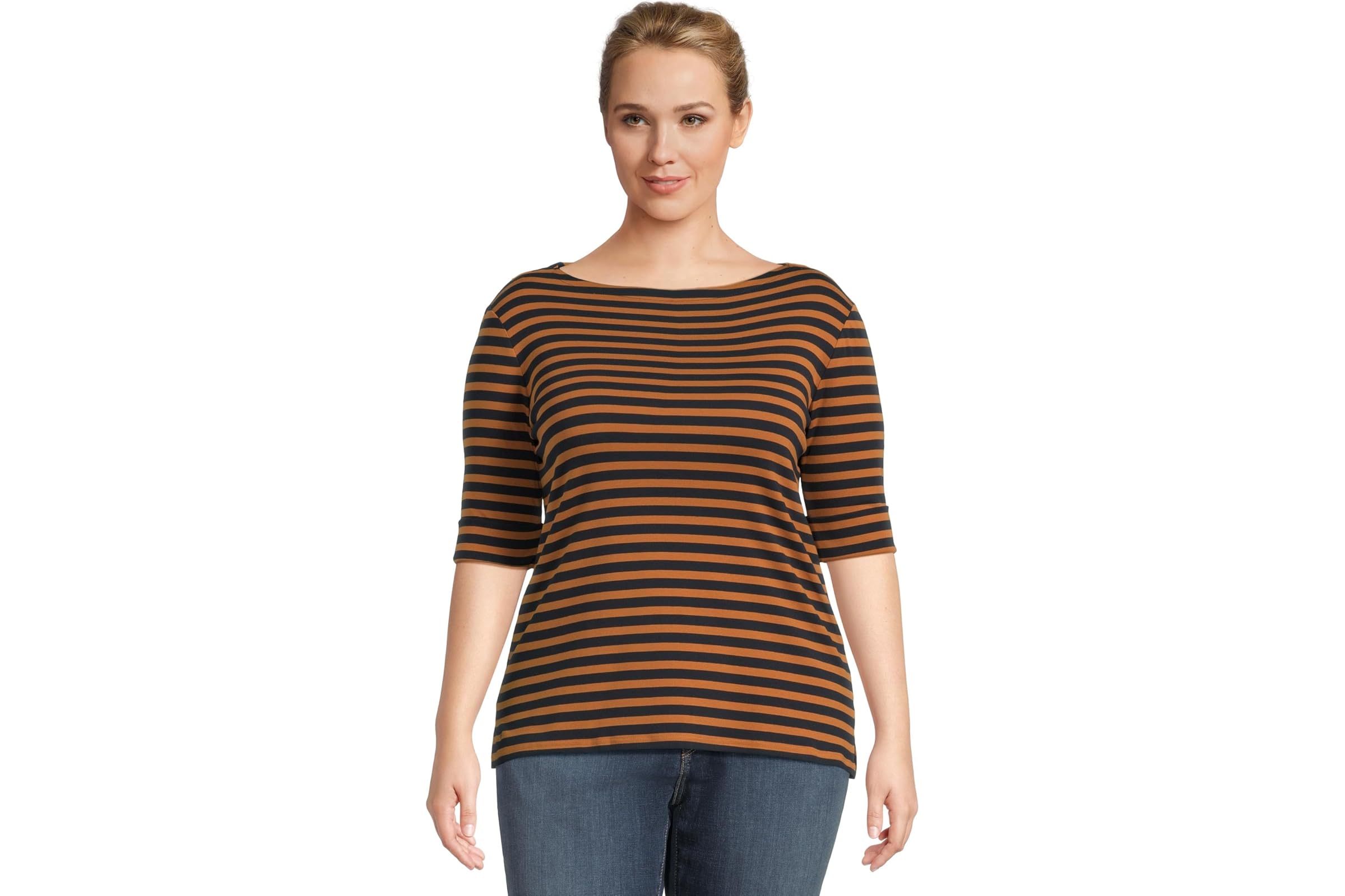 Lauren Ralph Lauren Plus Size Striped Stretch Cotton Boatneck Tee