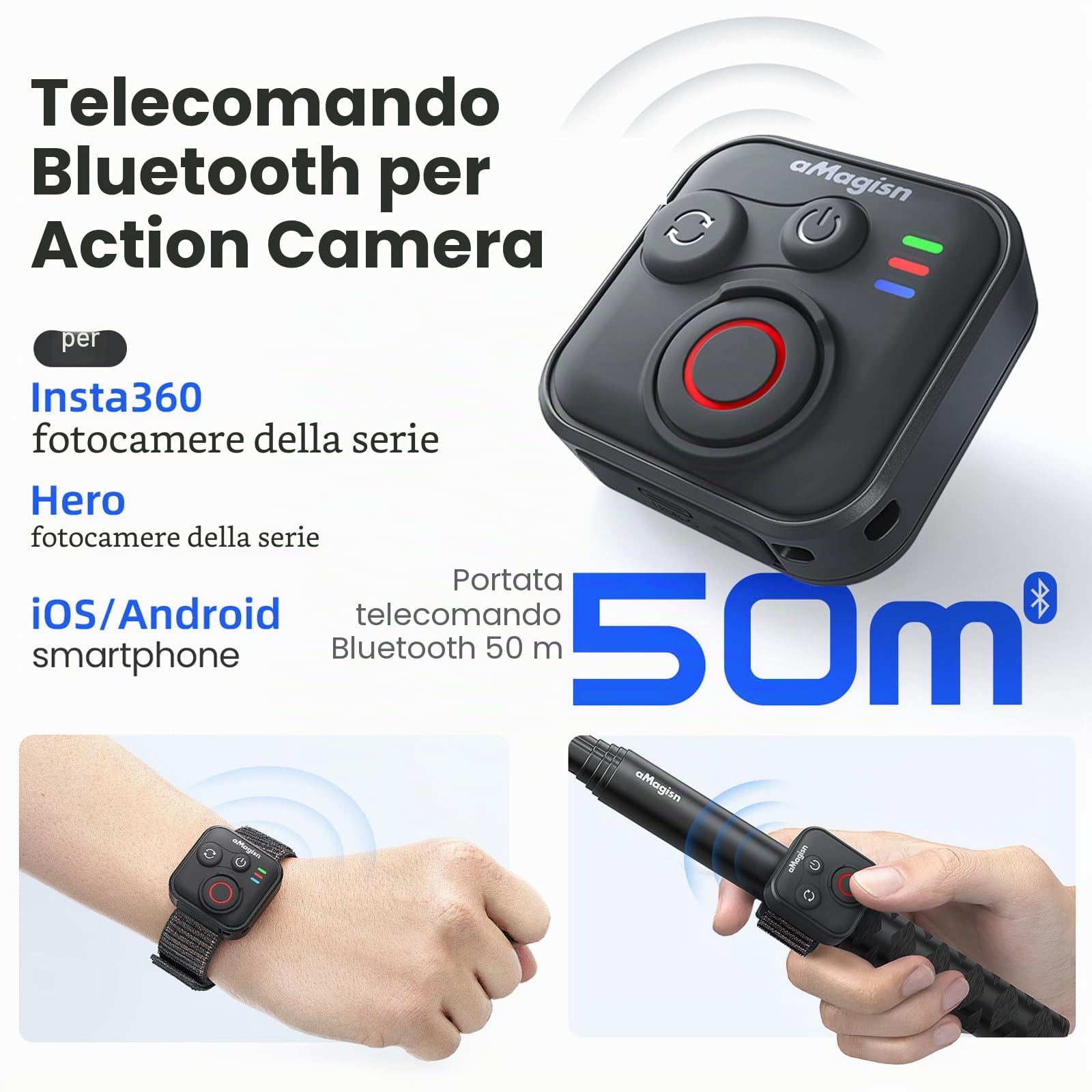 Telecomando Bluetooth per Insta360 Ace Pro 2 X5 ONE RS GoPro Hero 13 12 Telecomando Wireless con Cinturino da Polso Gamma 50M Accessori per Telecamera Intelligente Azione Impermeabile per Sport