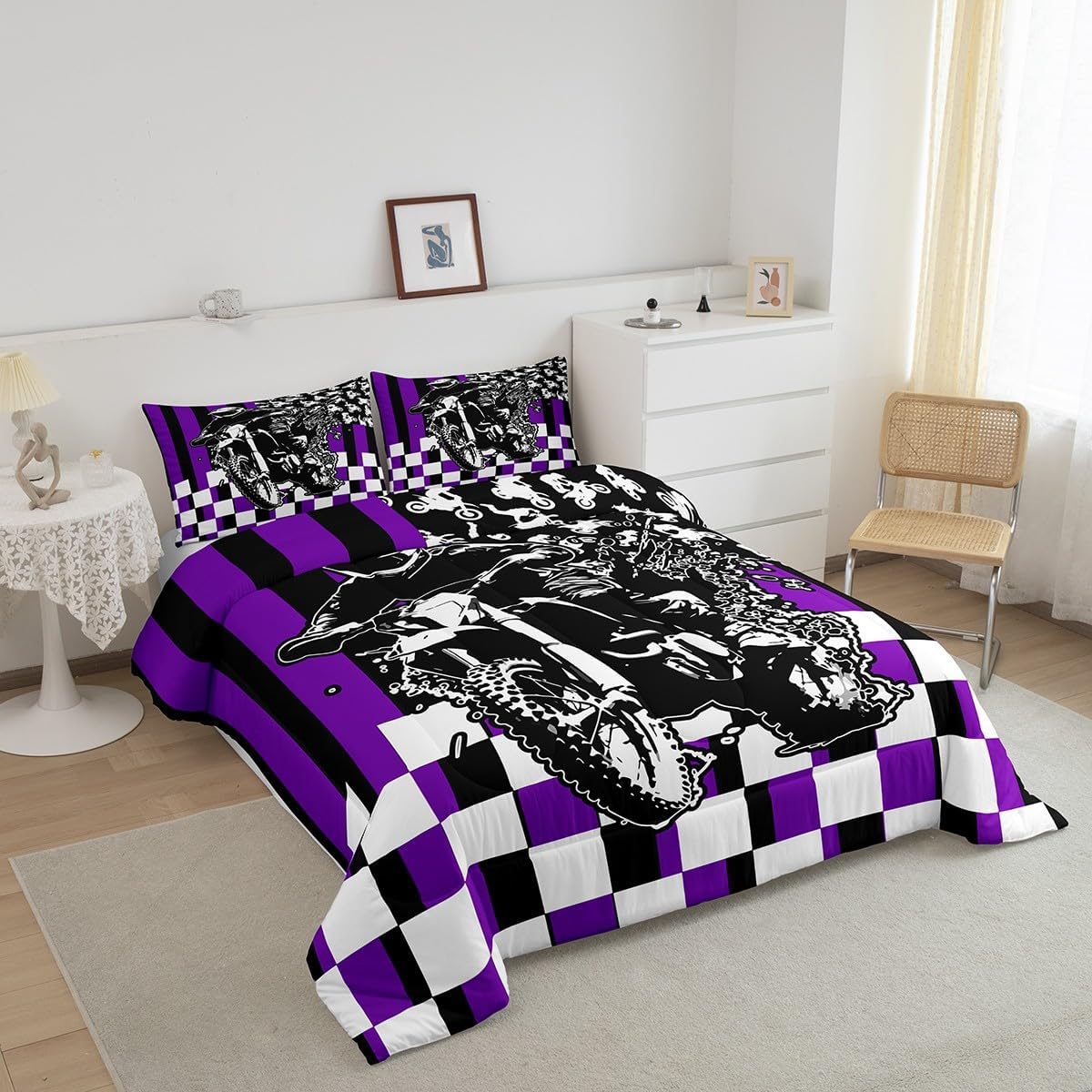 Feelyou Purple Dirt Bike Comforter Queen Size with 2 Pillow Cases Geometric Comforter Set Bedding Set Extreme Sports Quilted Duvet Set for Boys Girls Kids Adults