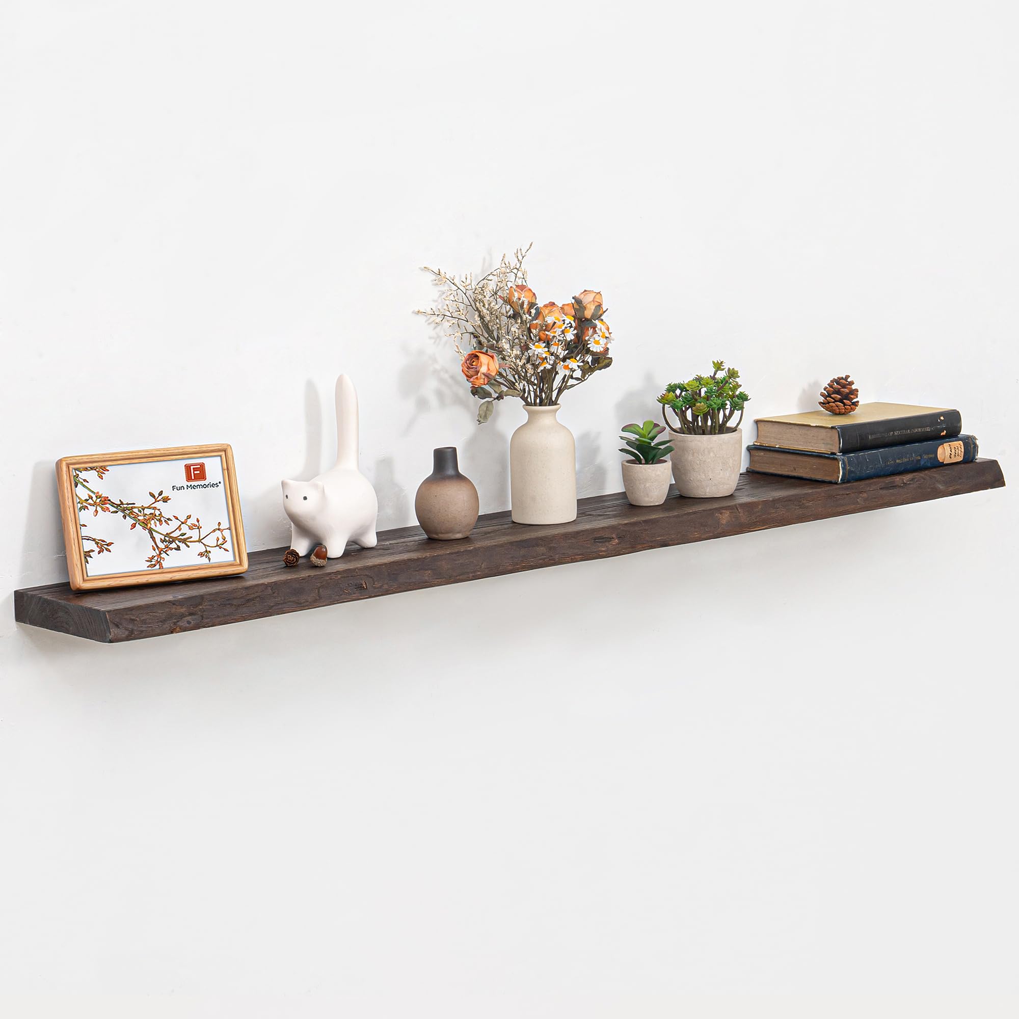 Floating Shelves for Wall, 55"x9.3" Rustic Solid Live-Edge Elm Wood Wall Shelves, Heavy-Duty Floating Shelves with Invisible Brackets, Set of 2 for