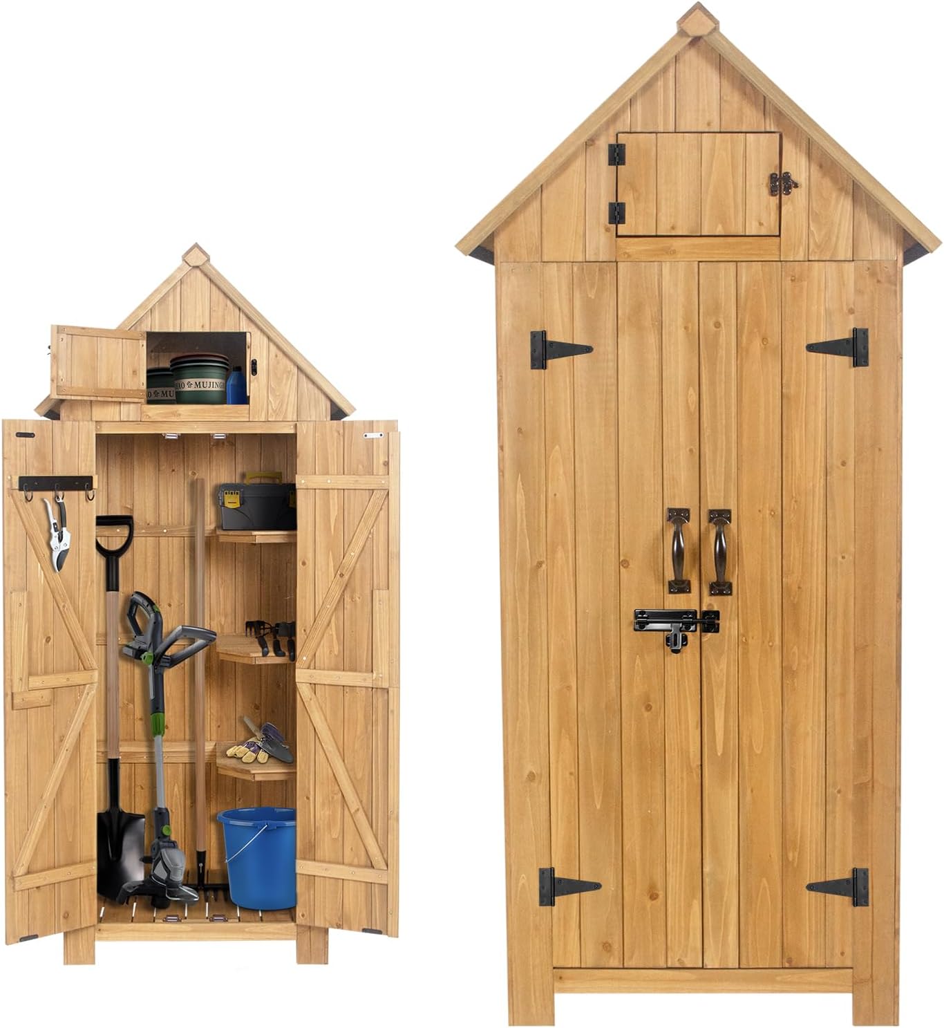 Wooden Outdoor Storage Shed with Double Doors,70” Tall Waterproof Storage Shed with Lock,Sheds & Outdoor Storage with Windproof Tipping for Deck,Backyard Garden and Yard