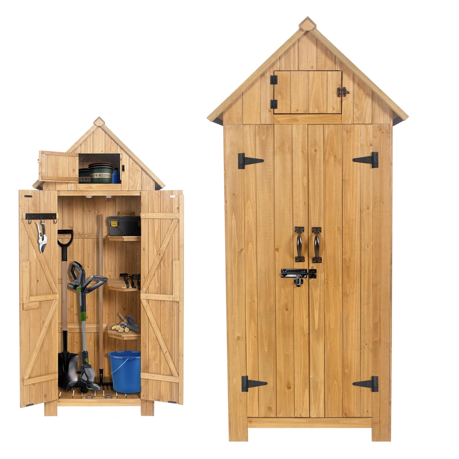 Wooden Outdoor Storage Shed with Double Doors,70” Tall Waterproof Storage Shed with Lock,Sheds & Outdoor Storage with Windproof Tipping for Deck,Backyard Garden and Yard