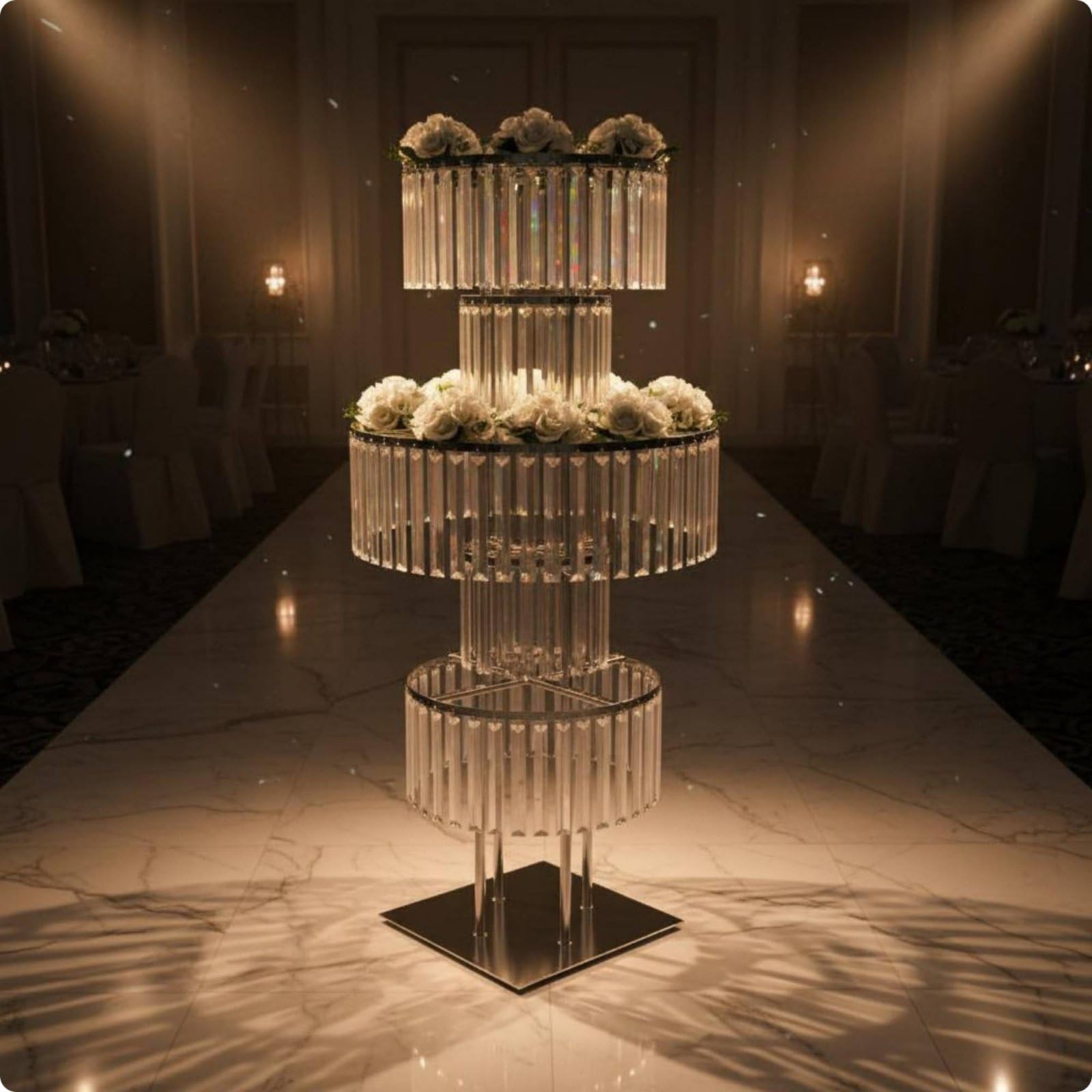 Acryl Hochzeit Display Blumensäule Podest Dekosäule Ständer mit Schimmernden Kristall Ornamenten Und Rundem Rahmen aus Eisen Und Acryl als Eleganter , Chrome Sq 110x50cm