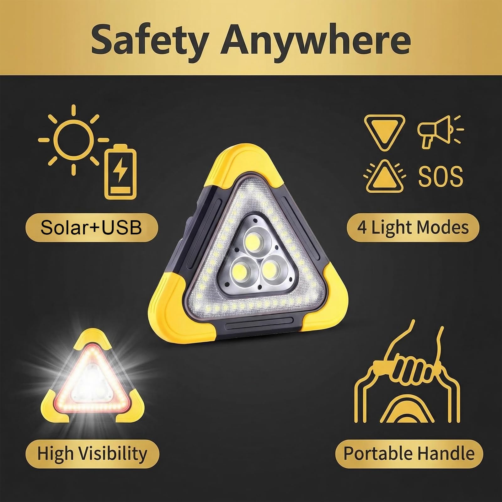 Triangolo di Emergenza per Auto XL 27cm – 1500 Lumen, LED COB+36 LED, Ricaricabile Solare/USB, 3 modalità, IP65 Impermeabile, per Avviso Guasto, Sicurezza Stradale