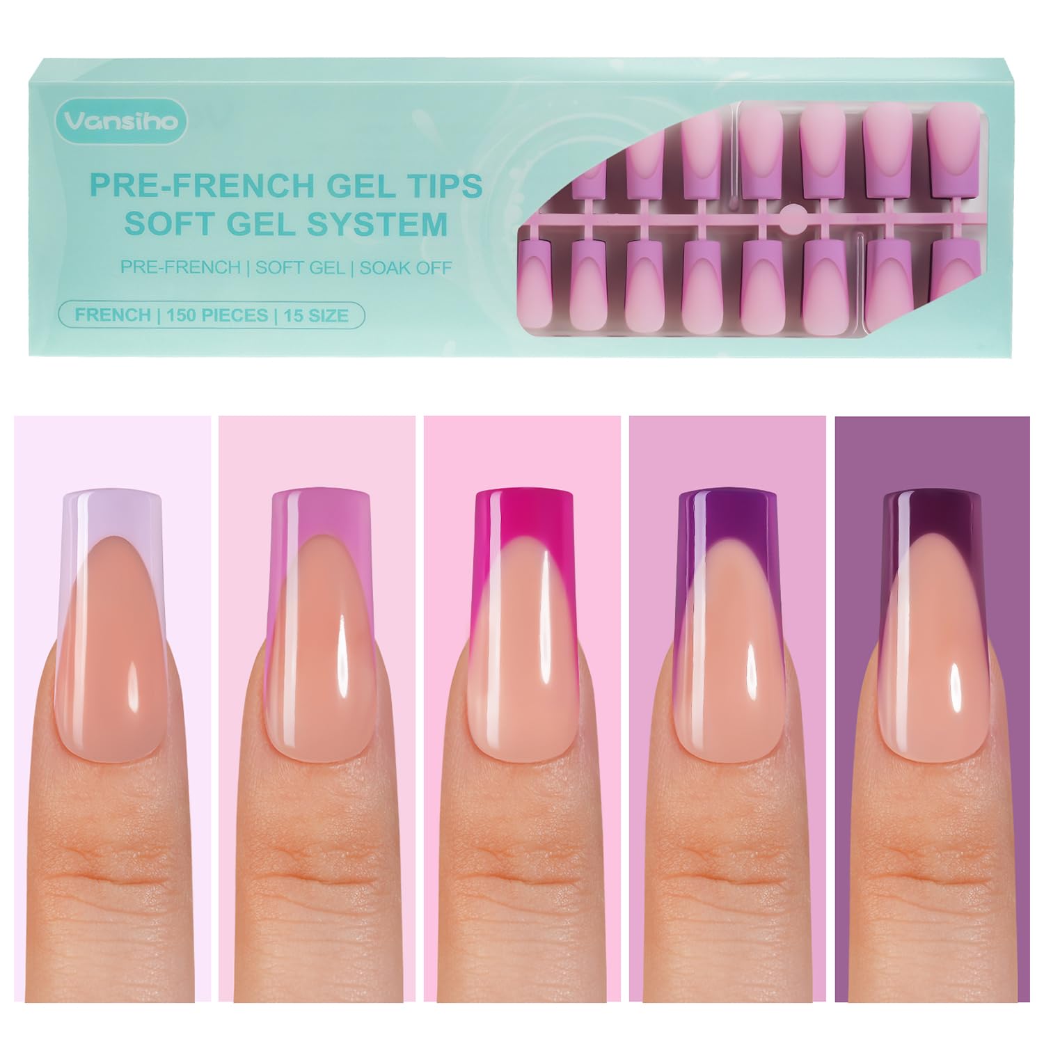150Pcs French Gel Nail Tips, Vansiho Long Square Nail Tips, Purple Pre-French Tips Press on Nails, Soak Off Soft Gel Acrylic Fake Nails for Nail Art