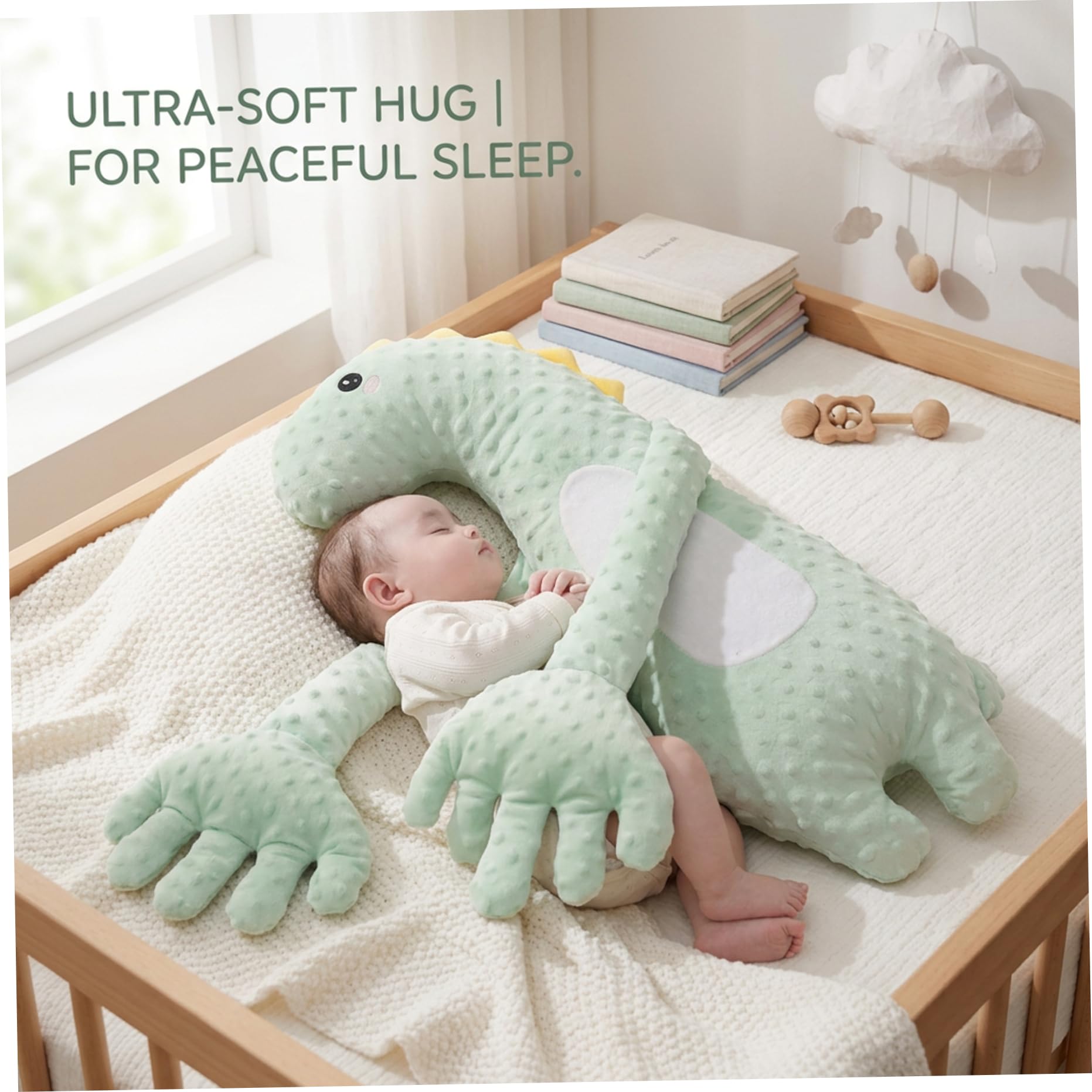 Tapoter la main pour le sommeil de bébé – Oreiller à tapoter pour bébé dinosaure vert, oreiller apaisant intelligent avec tapotements doux et minuterie, aide au sommeil portable pour nourrissons