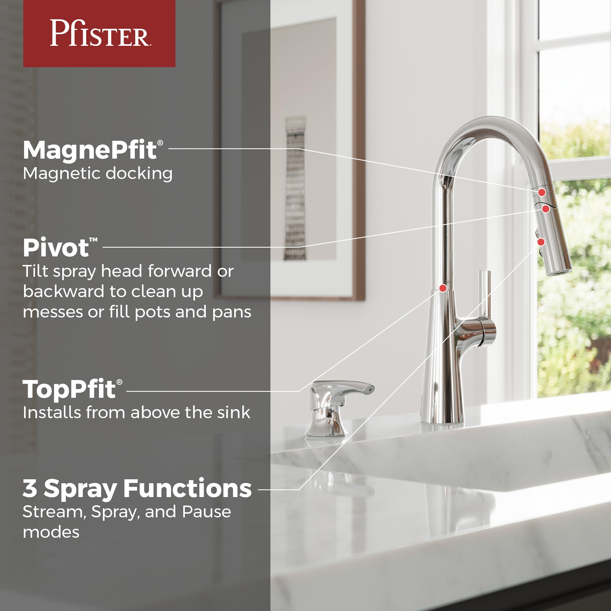 Pfister Tasso F5297TSOC - Grifo de cocina con pulverizador extraíble y dispensador de jabón, mango único, arco alto, acabado cromado pulido