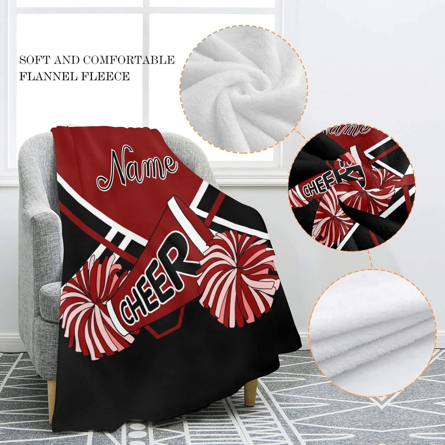 Cheerleader Dark Red White & Black Personalized Blanket with Name Soft Fleece Throw Blankets for Men Women Birthday Wedding Gift 50X60 inch