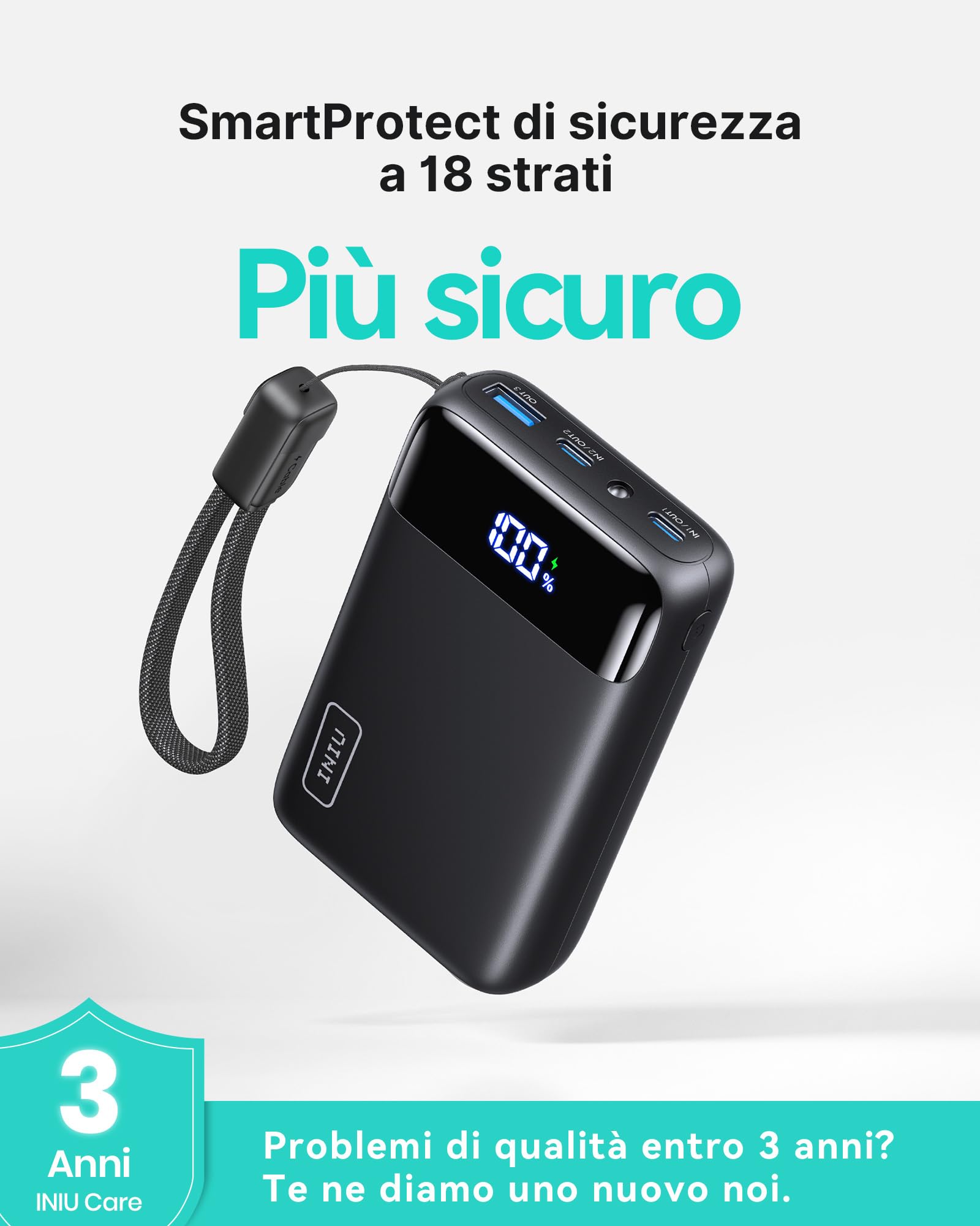INIU Ultrapiccolo 20000mAh Power Bank, 22,5W Ricarica Rapida Caricatore Portatile con Cavo USB C Staccabile, Essenziali da Viaggio, Caricatore Portatile per iPhone 17 16, Samsung S22, Xiaomi, iPad ecc