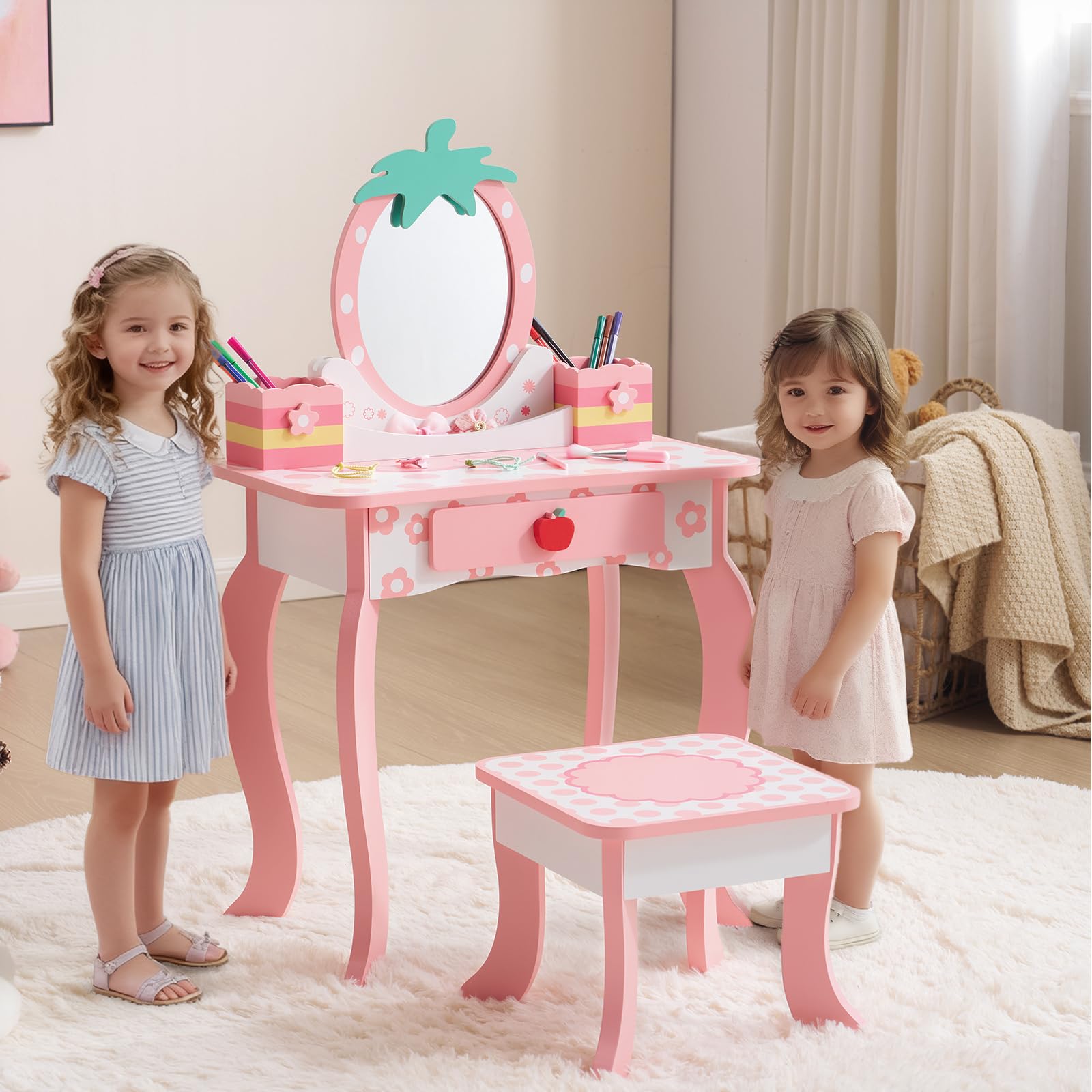 LEADZM Coiffeuse pour Enfants avec Miroir à Trois Volets, Coiffeuse Fille avec Imprimé Fruit Mignon & Tabouret, Table de Maquillage Princesse, pour 3 Ans+ (Rose)