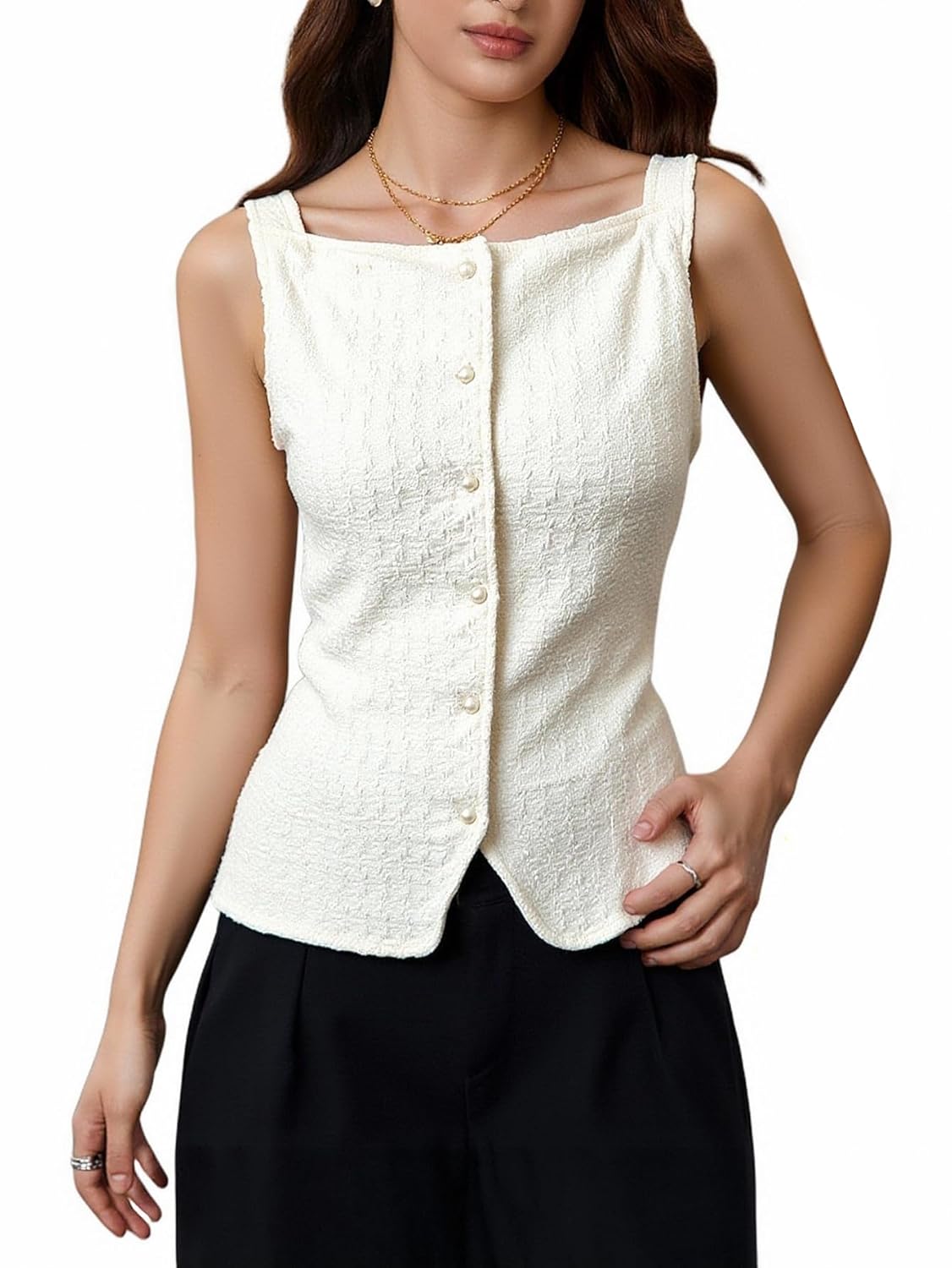 Womens Summer Button Up Vest Elegant Square Neck Sleeveless Business Casual Blouse