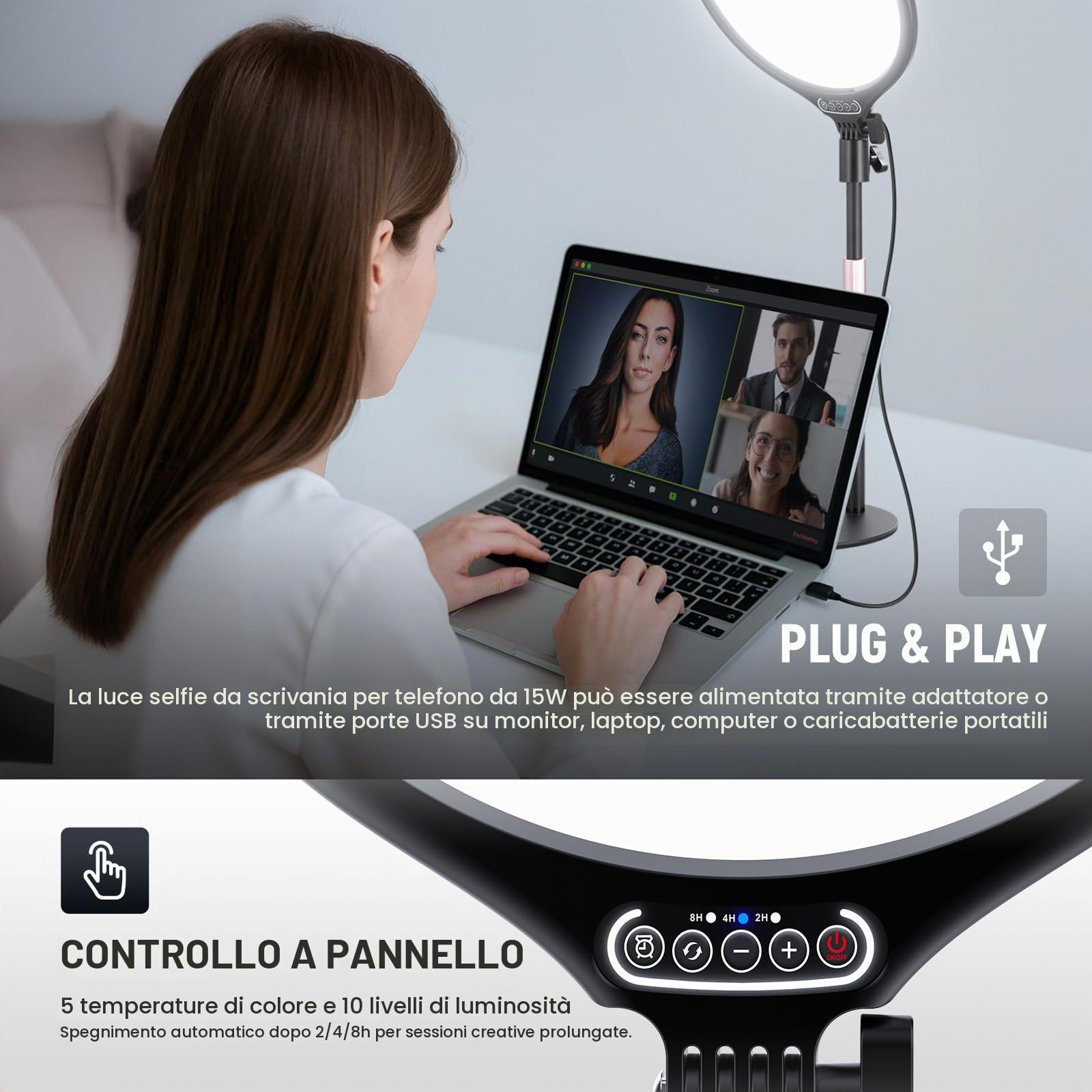 NEEWER Basics 10.5" Ring Light da Scrivania con Supporto/Supporto Telefono/Timer, Pannello LED Luce Fotografica dimmerabile da 15W a Schermo Intero per Selfie Foto Video, SOLO Alimentazione USB A, R10