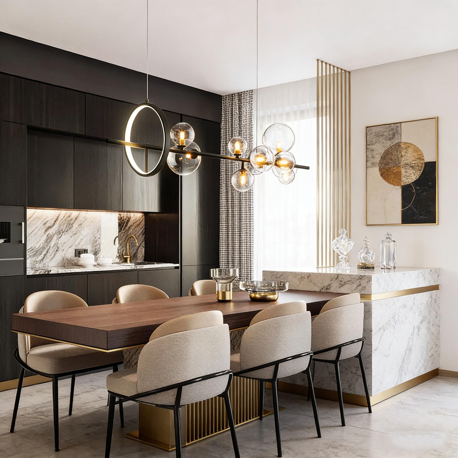 Lampada a Bolle Sospesa,Design Minimalista con Sfere di Vetro e Struttura in Metallo Nero Opaco,Per Tavolo da Pranzo o Isola Cucina, Installazione a Soffitto (nero, 120 * 30cm)