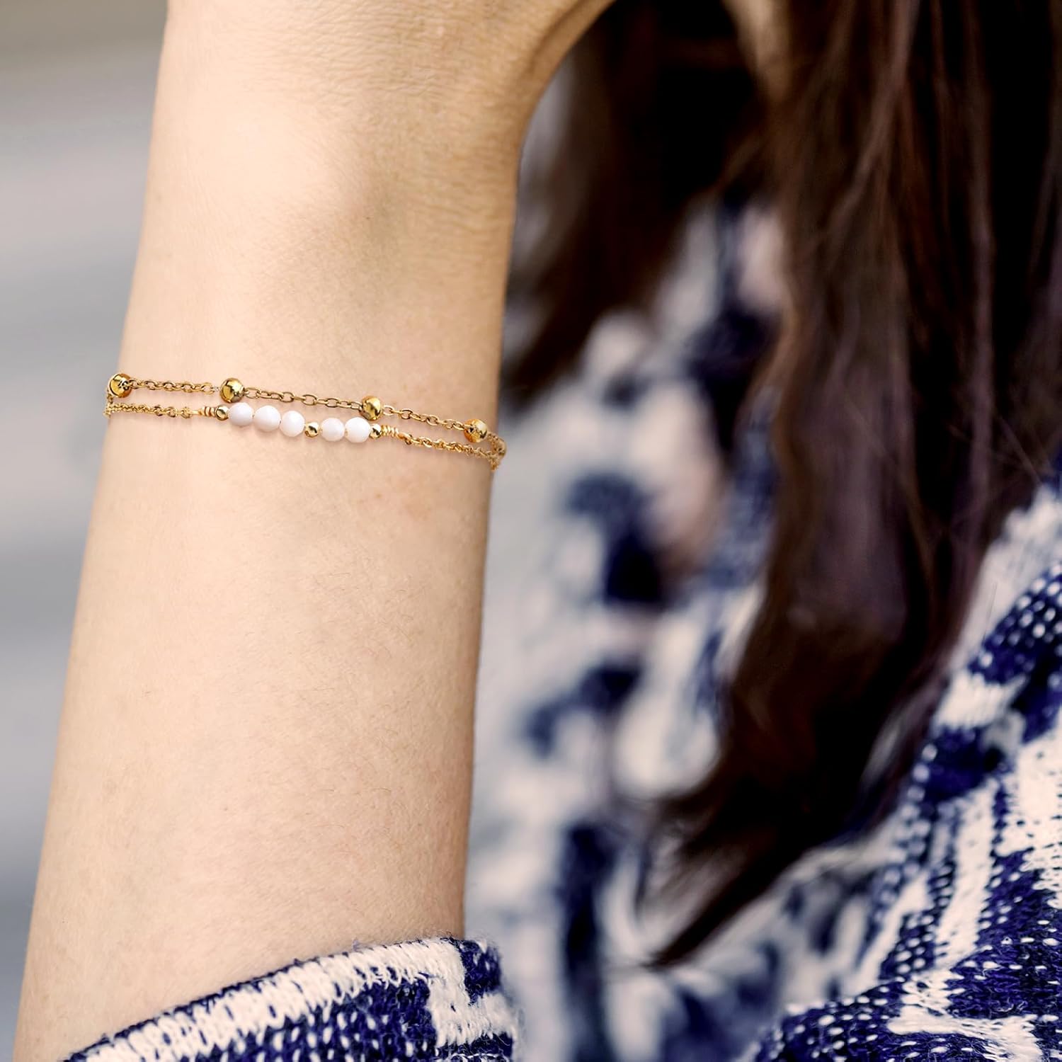 Gold Beads Chain Layered Bracelets for Women, Boho Handmade Adjustable Rainbow Gemstone Quartz Crystal Natural Healing Stone Bracelet Prom Jewelry Gifts. - Image 2