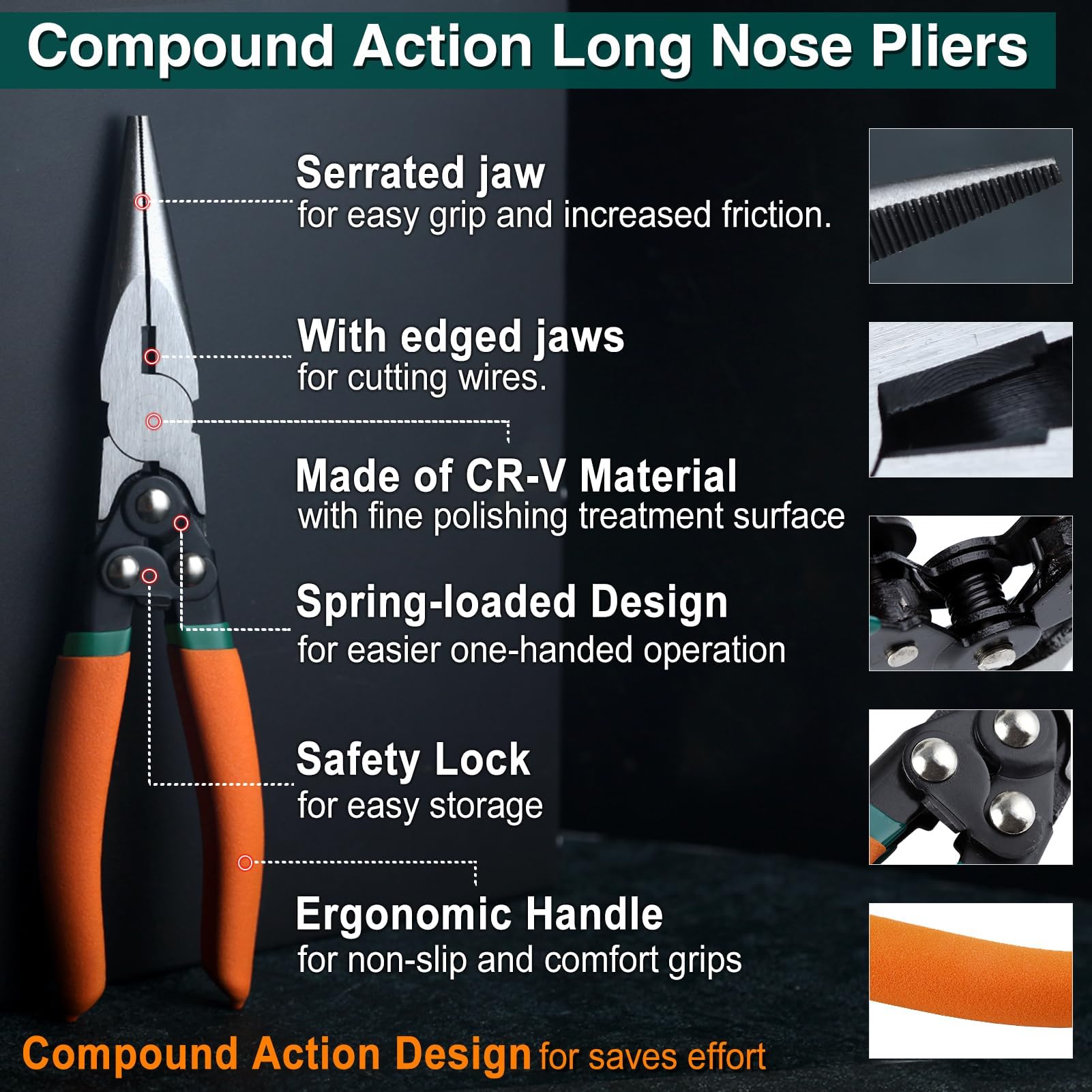 SPEEDWOX 3Pcs Compound Action Pliers Compound Pliers 6.5" Compound Action Diagonal Cutters Wire Cutters 7" Compound Action Lineman Pliers 8" Compound Action Long Nose Pliers With Safety Lock - View #4