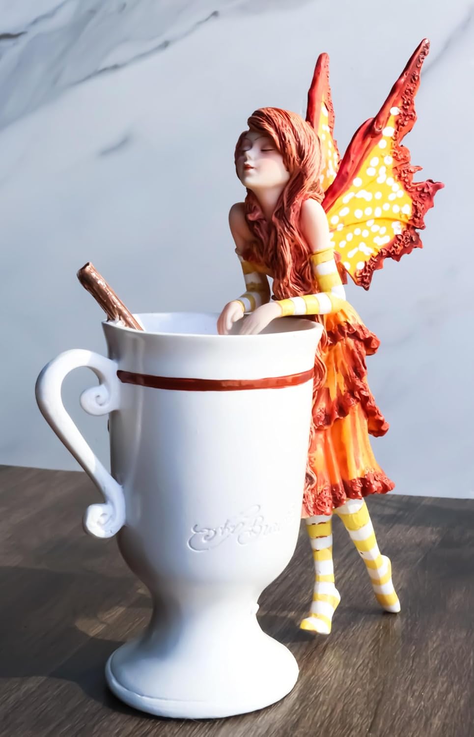 Ebros Gift Amy Brown Autumn Fall Season Holiday Apple Cider Pumpkin Spice Cinnamon Tea Fairy Collectible Figurine 6.25" Tall Tea Cup Fairy FAE Pixie Mini Garden DIY Dollhouse Collection Sculpture