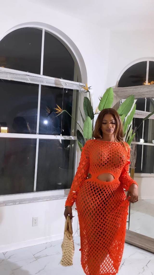 Kafiloe Women Sexy Long Sleeve Sequin Crochet Maxi Dress Beach Cover Ups  Hollow Out Swimwear Bikini Cover Up Dress Orange M at Amazon Women's  Clothing store