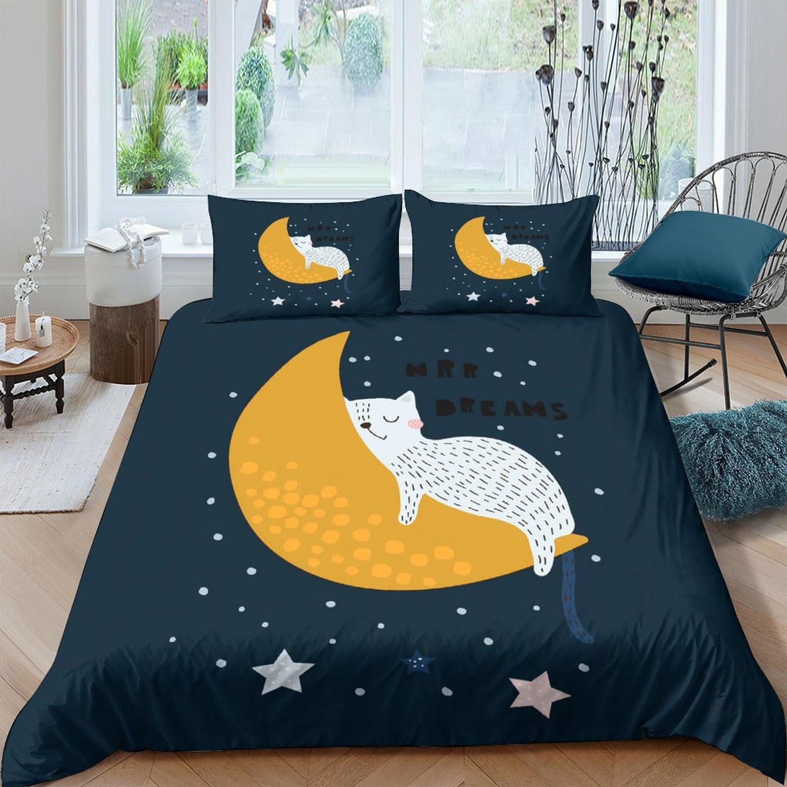 Ctjqhvkz Style-4 3D Printed Moon Cat Fitted Sheet Microfiber Non Slip Starry Night Mattress Cover Bedroom Decor Navy Single（135X200cm）