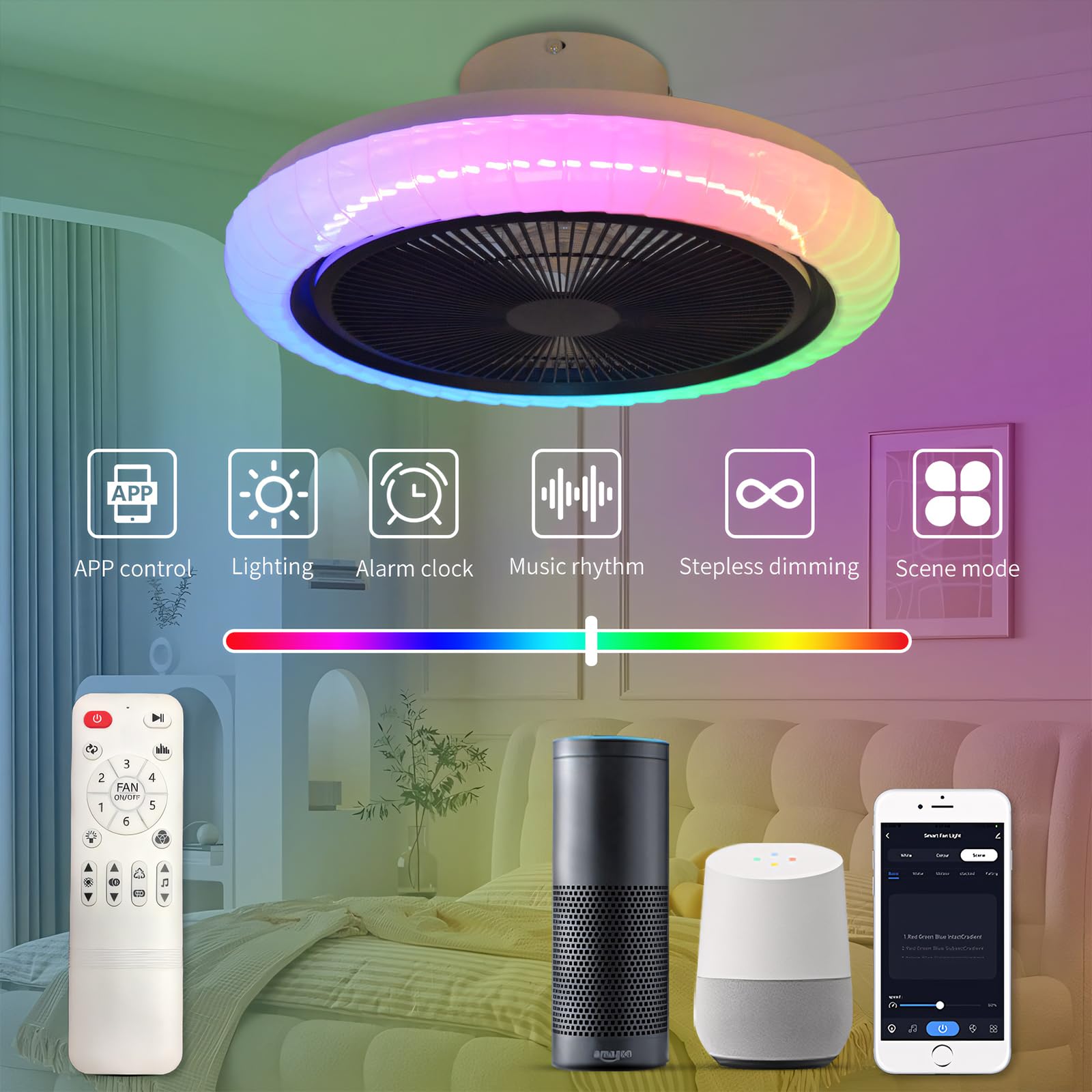 Deckenventilator Mit Beleuchtung Und Fernbedienung Leise RGB 36w Ventilator Lampe App Alexa Reversibel Dimmbar LED Farbwechsel Timer Schlafzimmer Wohnzimmer 50cm Smart 6 Speed