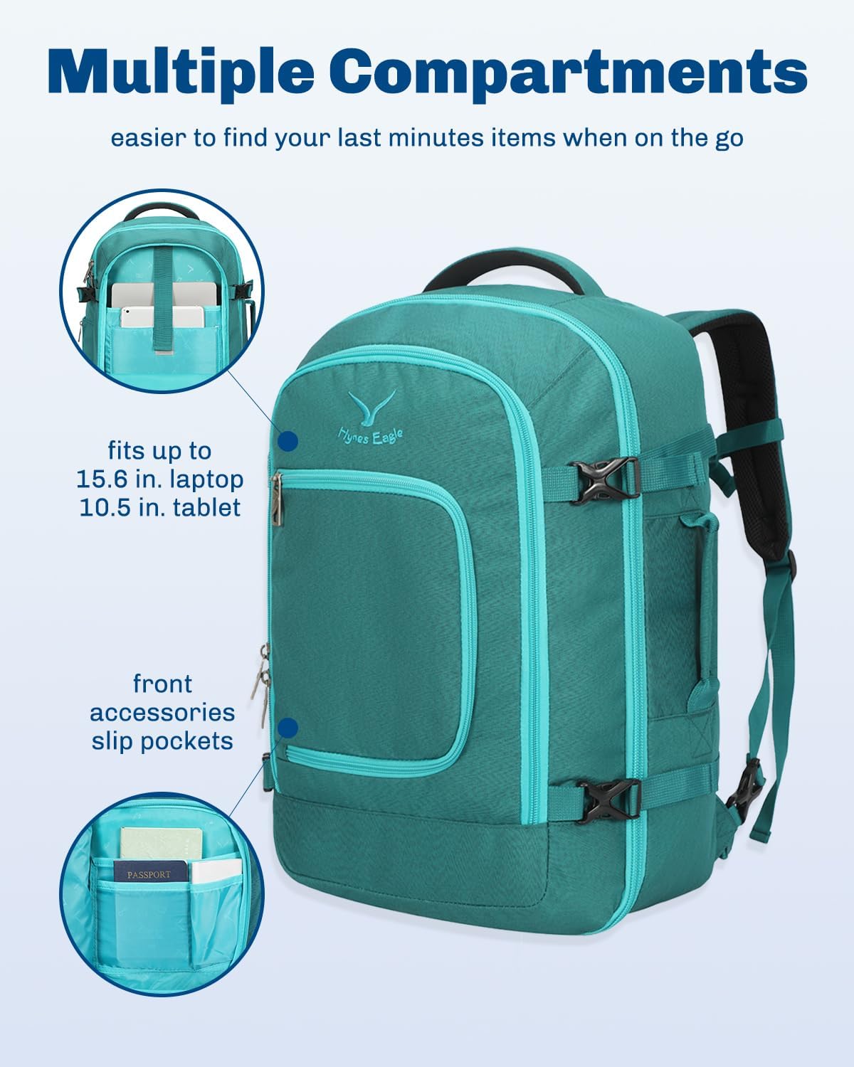 Hynes Eagle Travel Backpack 40L Flight Approved Carry on Backpack Men Large Cabin Weekender Laptop Backpack Women 15.6 inches - Image 2