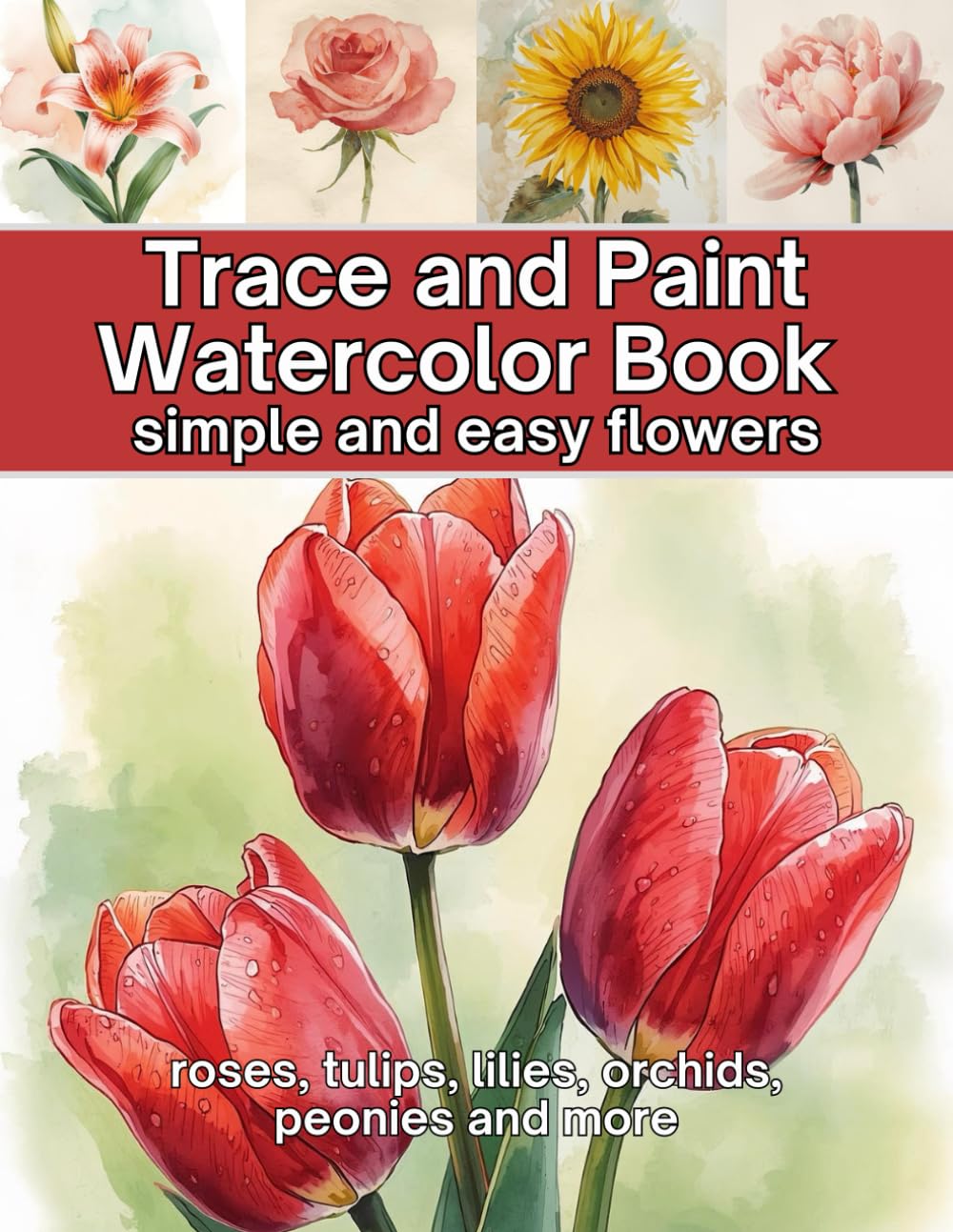 Trace and Paint Watercolor Book: Simple and Easy Flowers (roses, tulips, lilies, orchids, peonies and more)