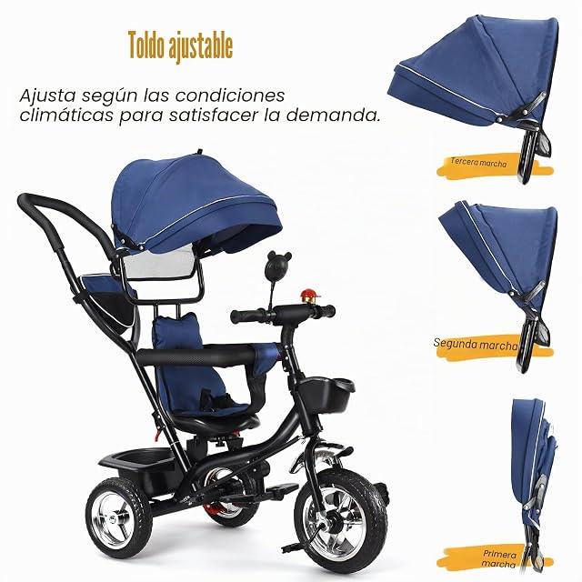 Foto 4 de 8 de Tricycle Niños Escalable Bastón y Parasol Plegable Extraíble Bolsa y Cesta Acero Triciclo Niño Escalable