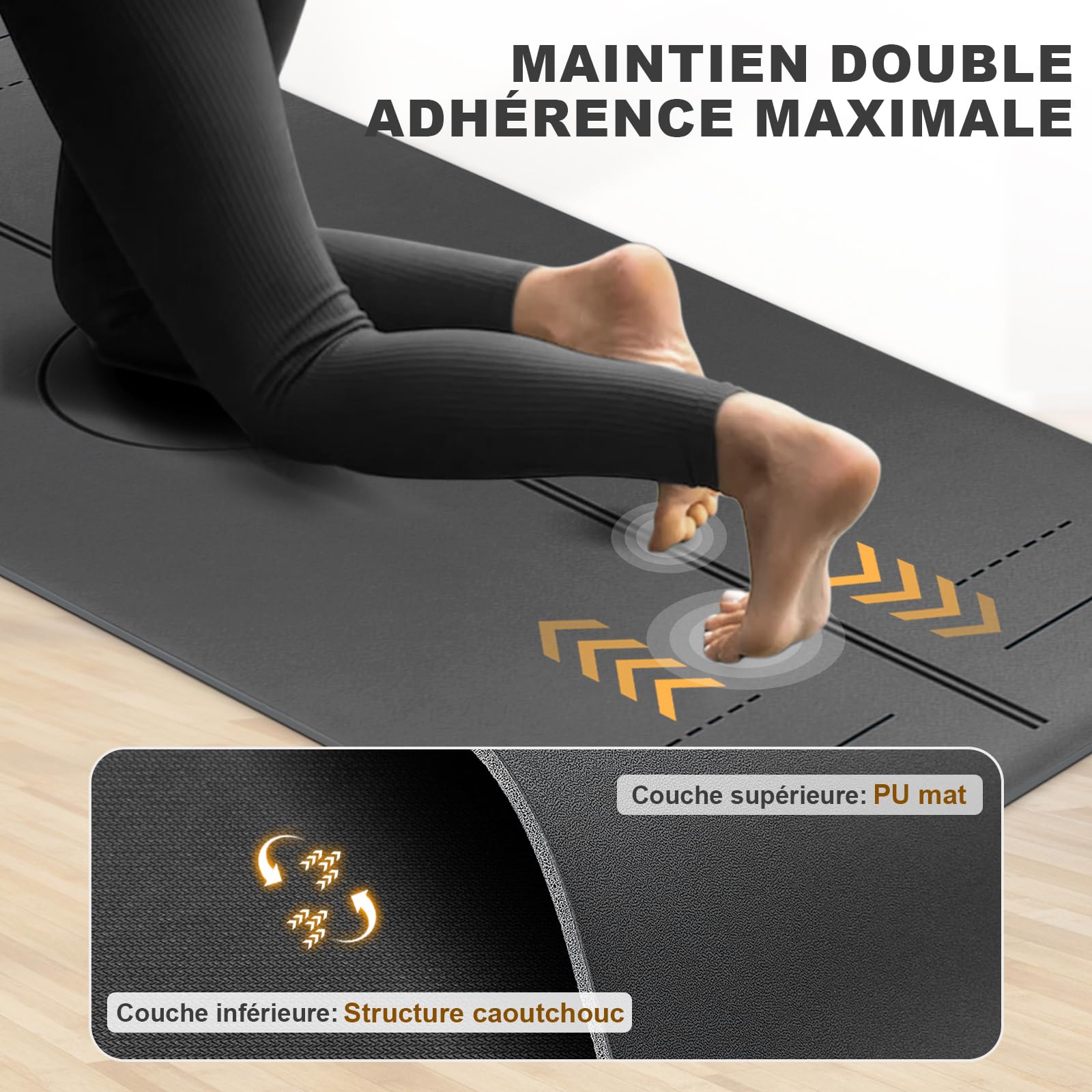Tapis de Yoga Antidérapant Epais, avec Repères d’Alignement, Caoutchouc Naturel + Eco PU ou TPE, Doux pour la peau, Adhérence Élevée, avec Sangle, Sac à Dos et Emballage Élégant, pour Yoga Pilates