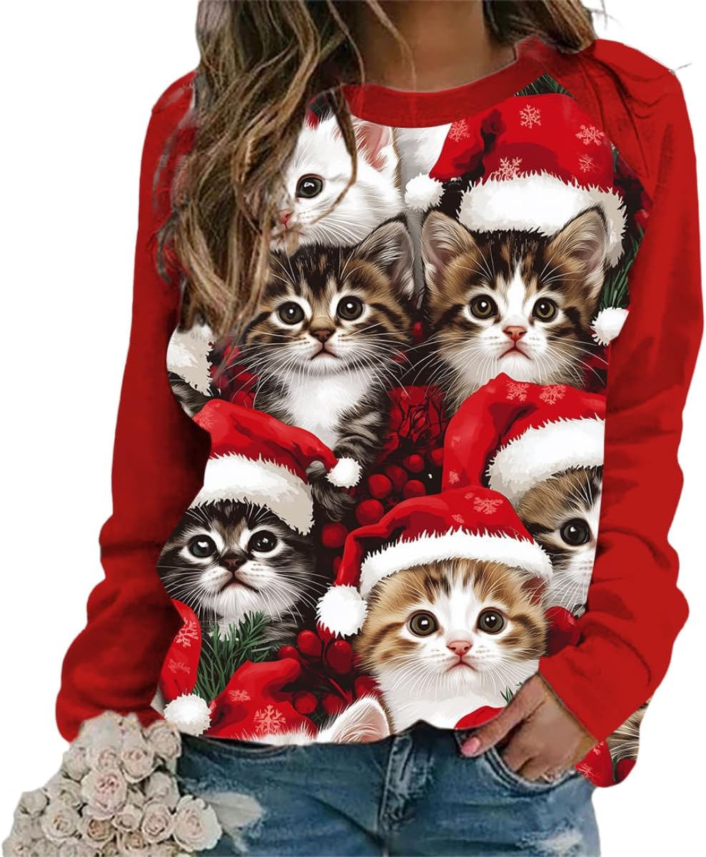 Womens Ugly Christmas Sweatshirt Funny Cat Dog Printed Xmas Pullover Shirts Crewneck Long Sleeve Graphic Hoodies