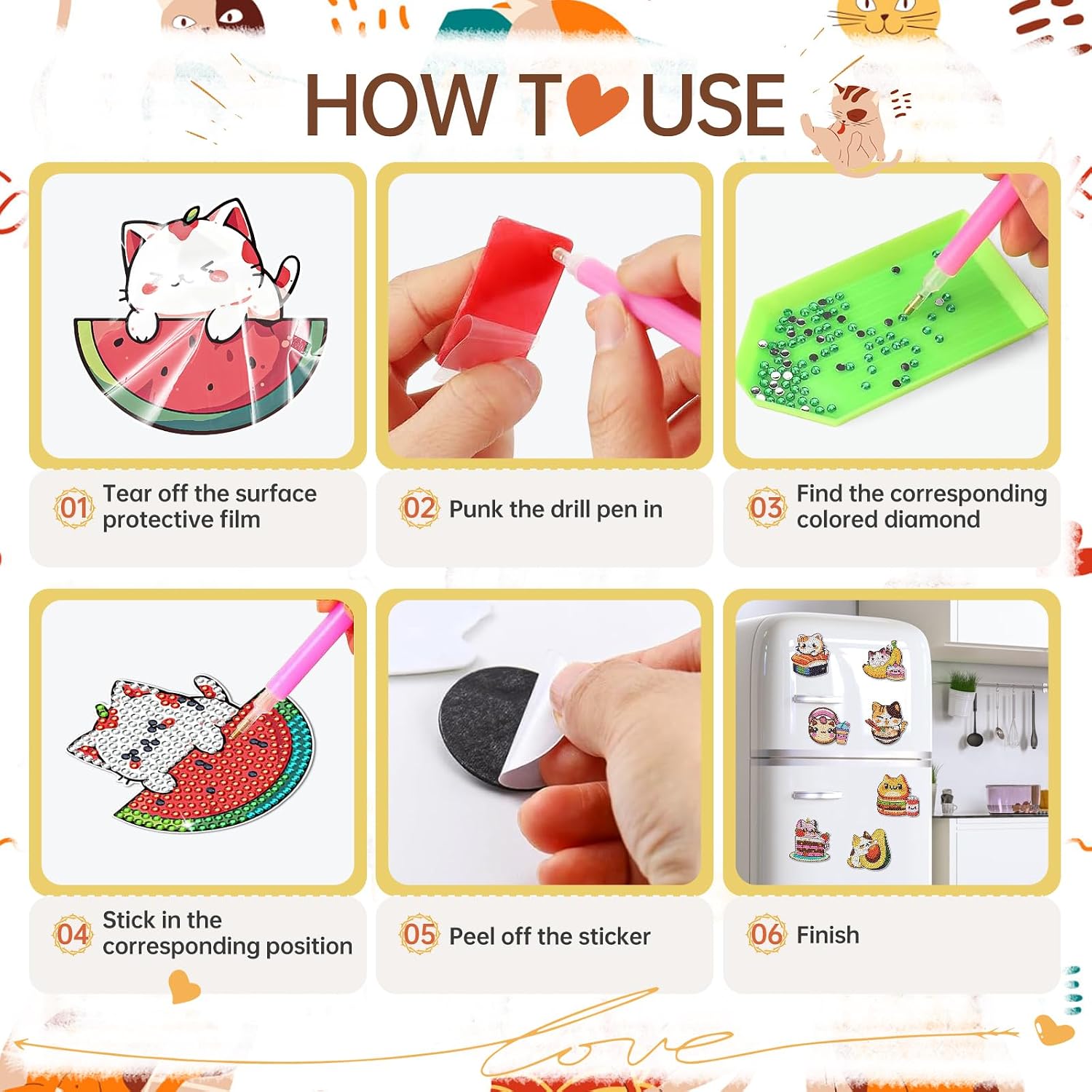 INCOK Cat Diamond Art Magnets Refrigerator - 12 PCS DIY Diamond Painting Kits Pineapple Hamburger Avocado Fridge Magnets Home Decors Art Crafts Birthday Gift for Adults Beginners Cat Lover image 3