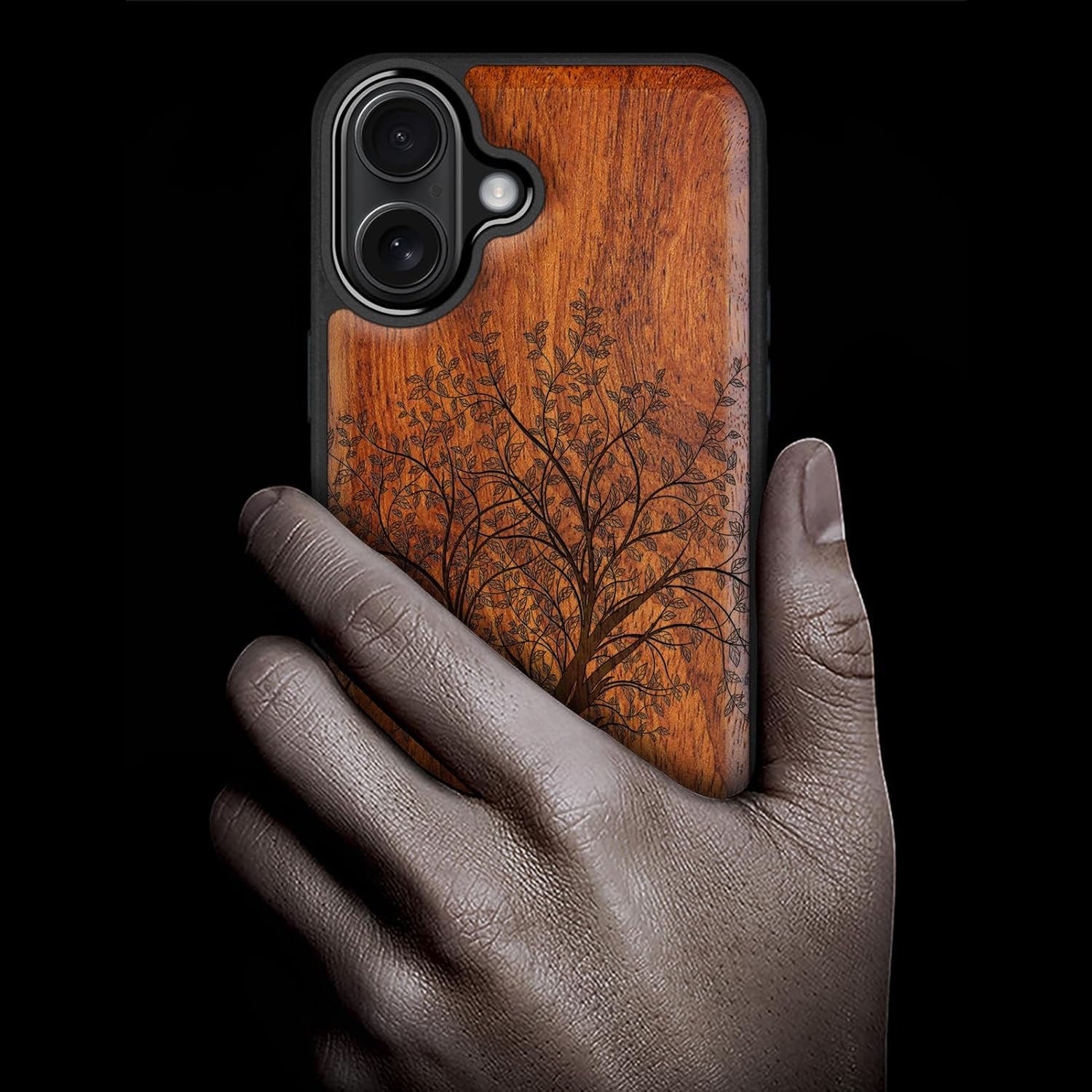 Carveit Magnetic Wooden Case for iPhone 16 Case, Wood Artisan Engraved & Black Soft TPU Shockproof Cover, Compatible with MagSafe Wireless Chargers (Leafy Tree) Rosy