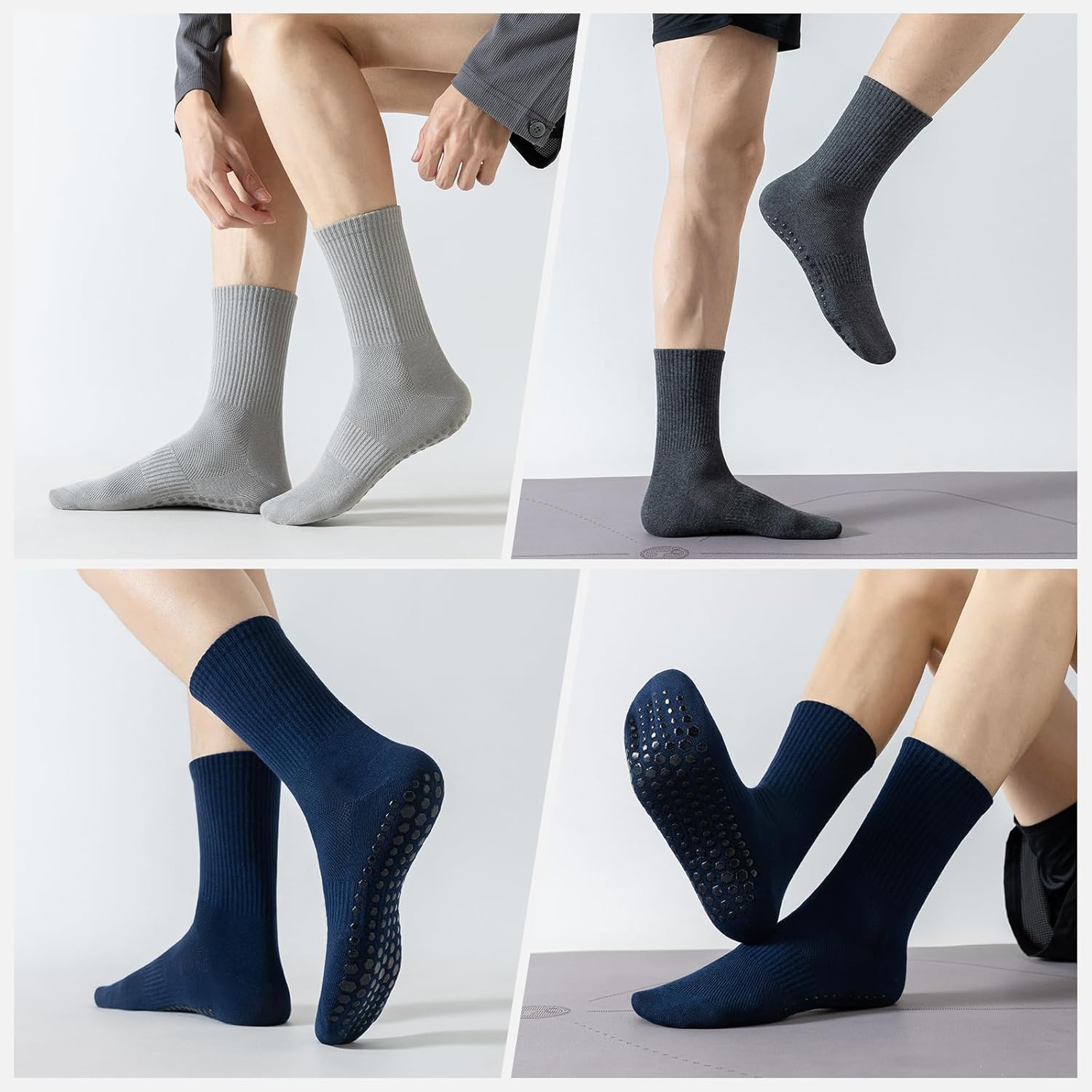 Non Slip Grip Socks for Men, 4 Pairs Mens Grippy Pilates Yoga Hospital Gym Athletic Running Crew Socks - Image 5