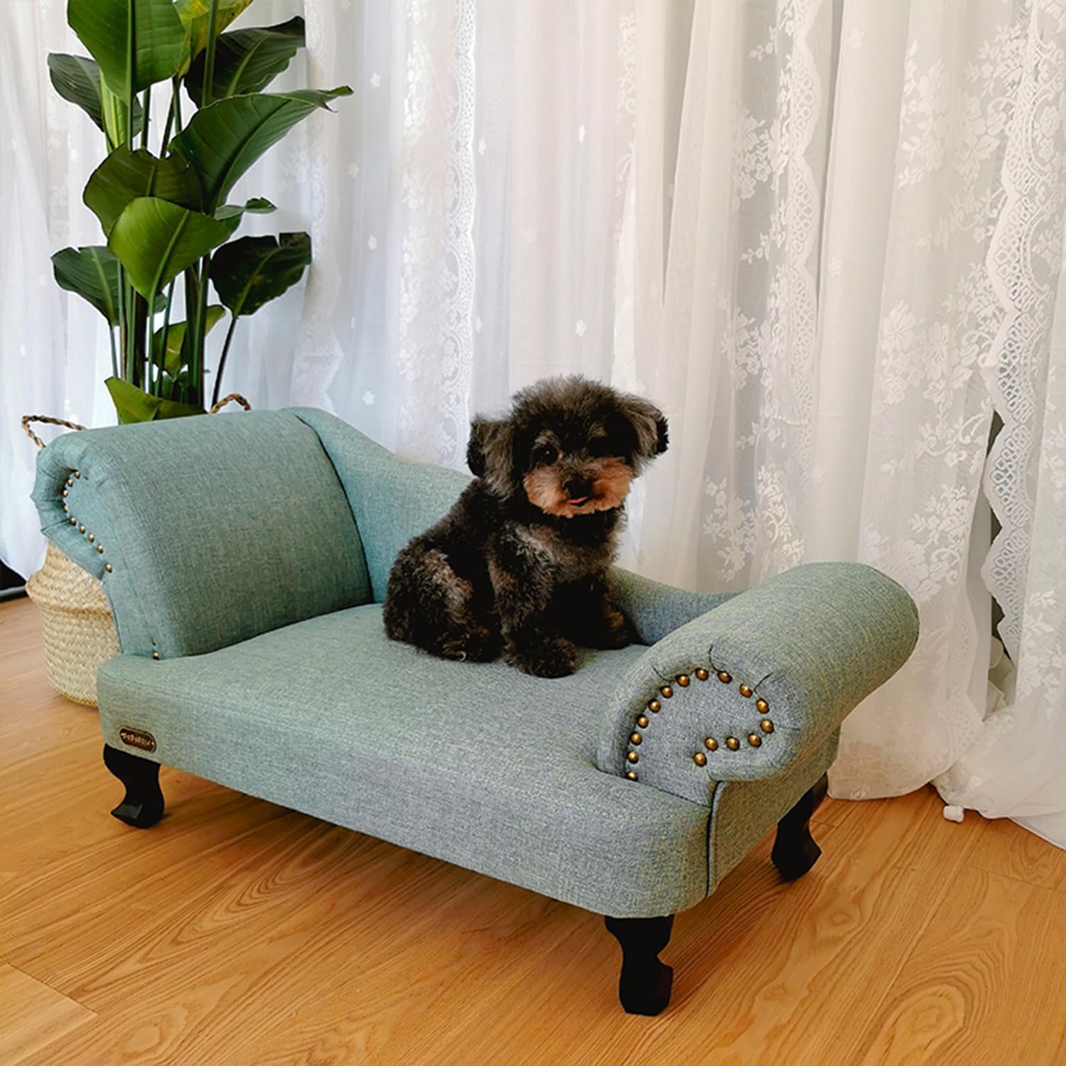 Pet Sofa Bed, Velvet & Linen Fabric Pet Couch Chair with Removable and Washable Cushion for Small Dogs Cats Light Blue