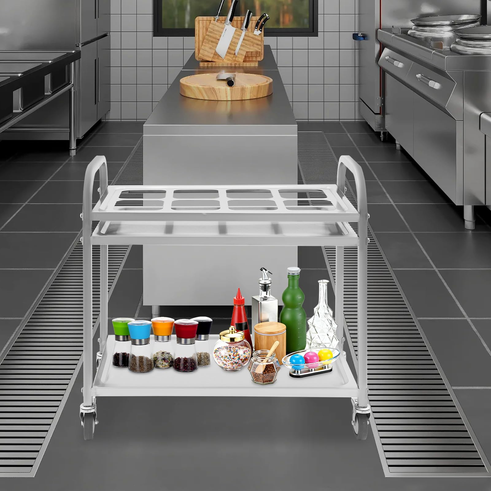 Carro de servicio de acero inoxidable 201 para especias, carrito de servicio con ruedas con 8 compartimentos, para restaurante y hotel, para camareros y personal de cocina