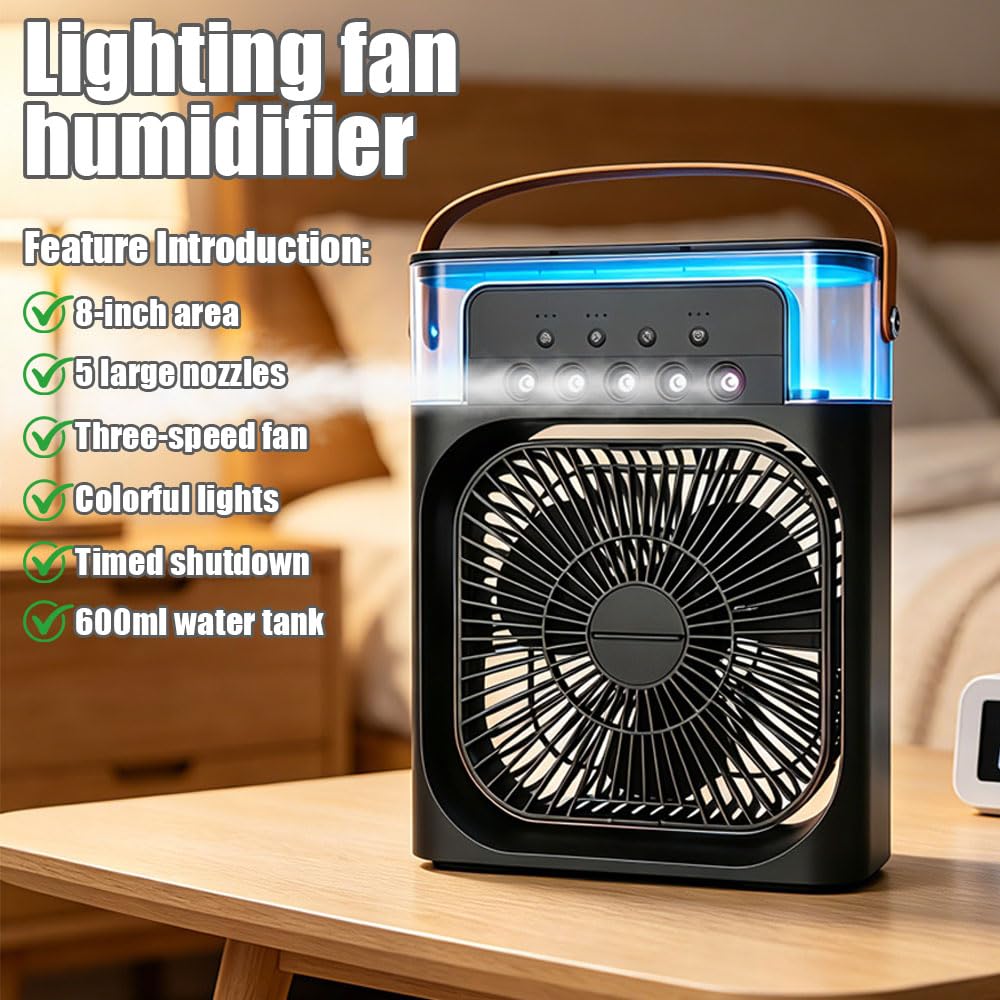 Foreverup 3 w 1 Air Cooler, przenośna chłodnica powietrza, USB przenośny klimatyzator z 3 prędkościami i trybem spryskiwania, zbiornik na wodę 600 ml, timer, LED 7 kolorów, do domu, biura, sypialni