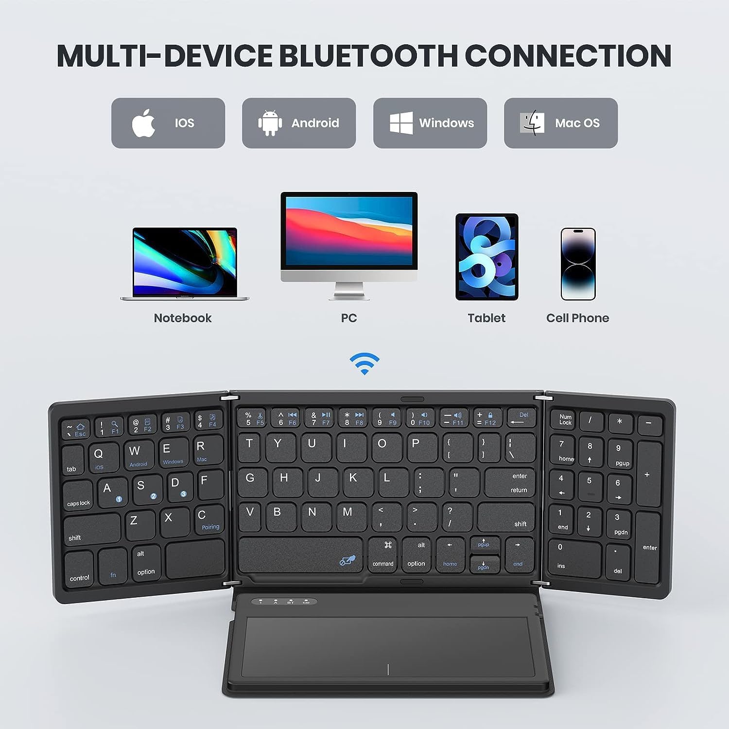Docooler Foldable Bluetooth Keyboard, Portable Full Size Folding Keyboard with Touchpad, Business Travel Folding Wireless Keyboard with One Key Switching Device for Home, Work, Travel, Study - Black