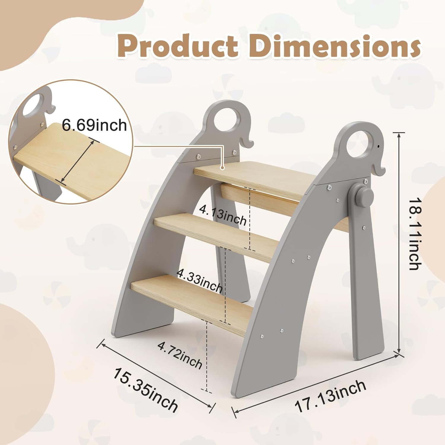 Wooden 3 Step Stool for Kids Bathroom Sink Foldable Anti-Slip, Child Stepping Stool for Kitchen Nursery Bedroom, Sturdy Non Slip Adult Stool for Closet