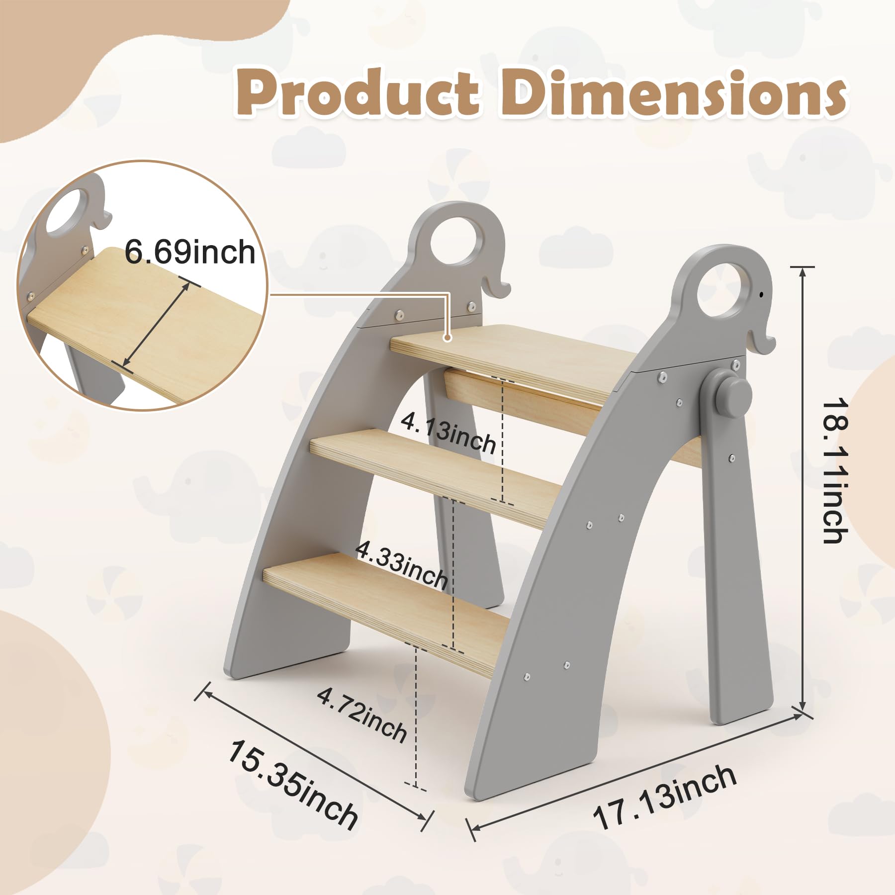 Tritthocker für Kinder Holz, 3 Stufen Kinderschemel, Trittschemel für Baby, Faltbar, Multifunktional, für Bad, Kleinkinderzimmer, Küche