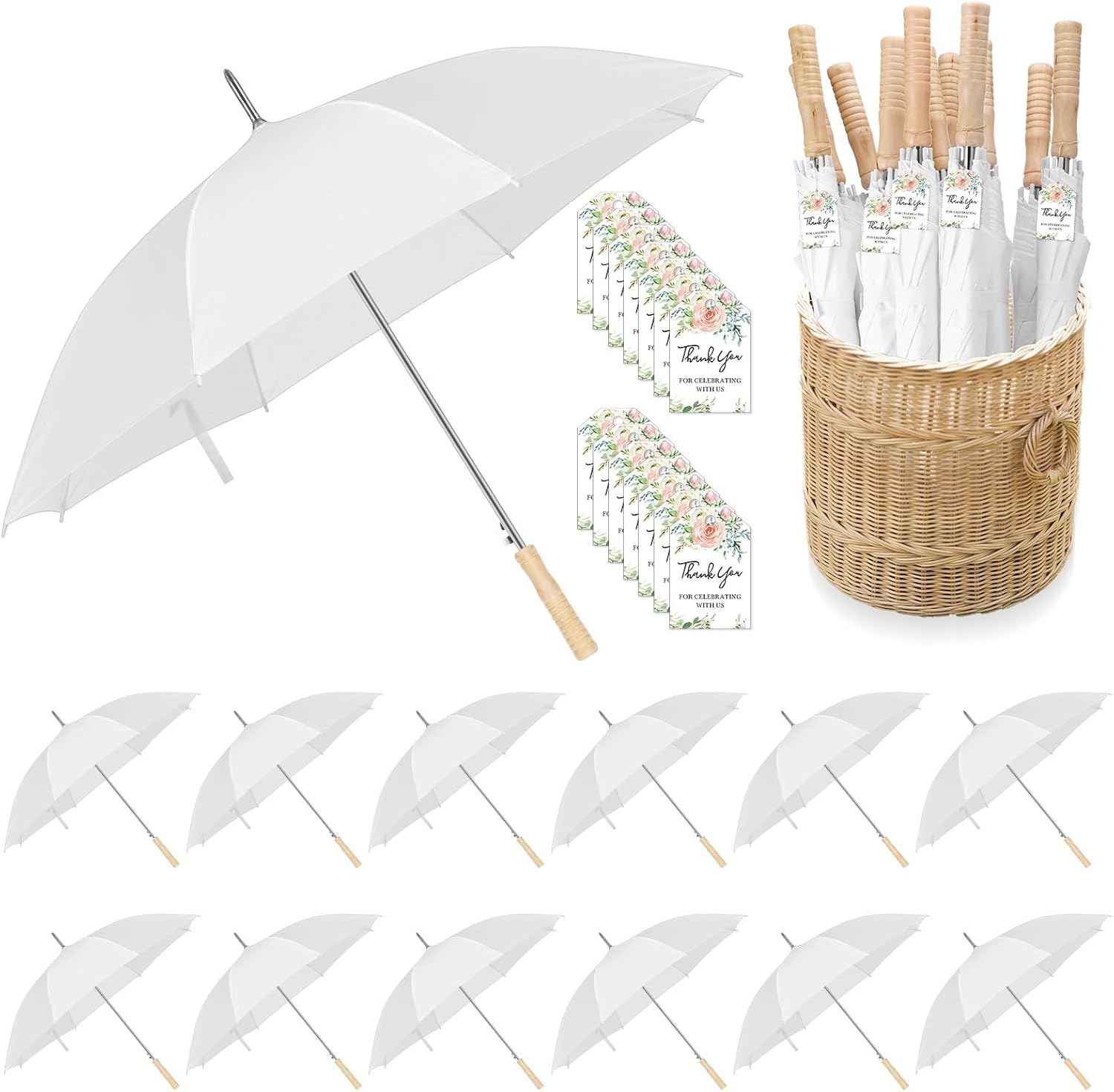 12 Pcs Wedding Umbrellas Bulk, 41 Inch Wedding Stick Umbrellas with Wooden Handle White