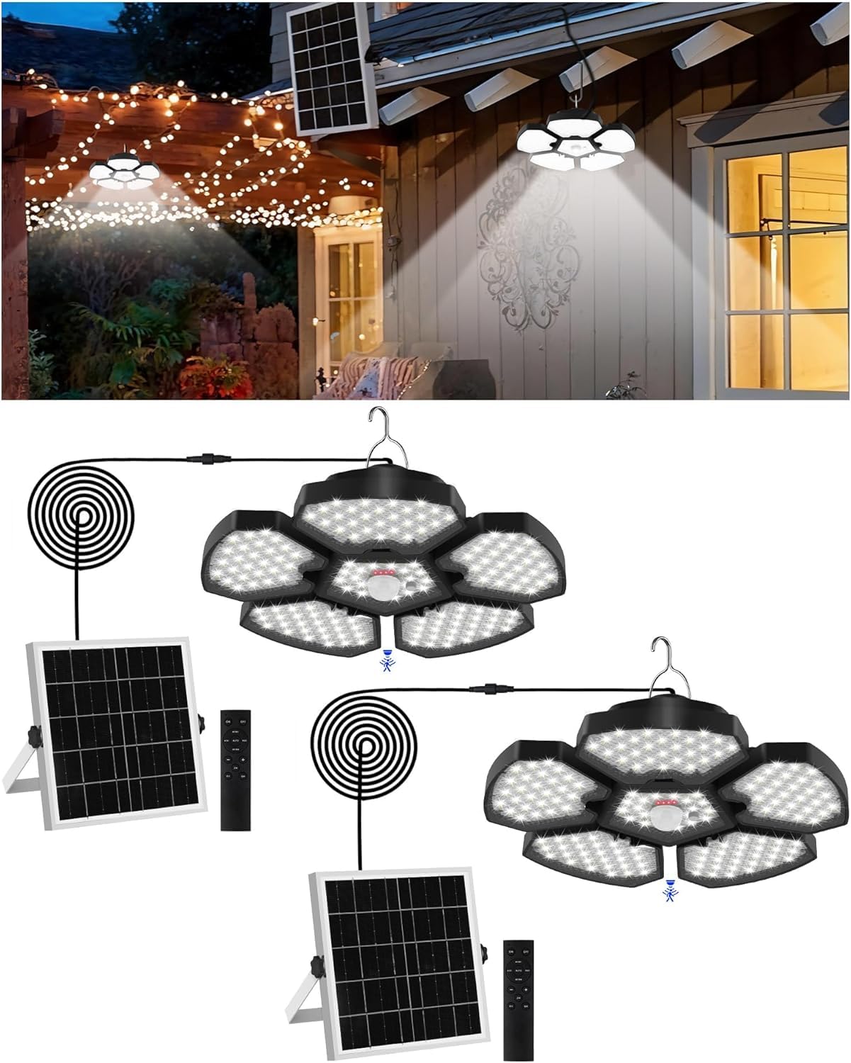 NATPOW Solar Gazebo Lights Outdoor, Motion Sensor Solar Shed Lights with Remote Control, Waterproof Timing Parasol Lights, 5M Cord Warm/Cool White Indoor Light for Pendant Garage Gazebo Porch(2Pack)