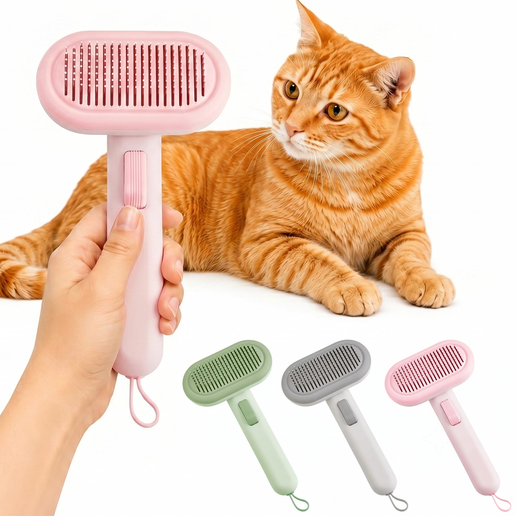 PAWSWARE Cat Brush for Shedding, Self Cleaning Slicker Stainless Steel Grooming Tool with One Click Hair Release, Gentle Deshedding and Massage for Long & Short Hair Cats, Dogs & Rabbits, Pink