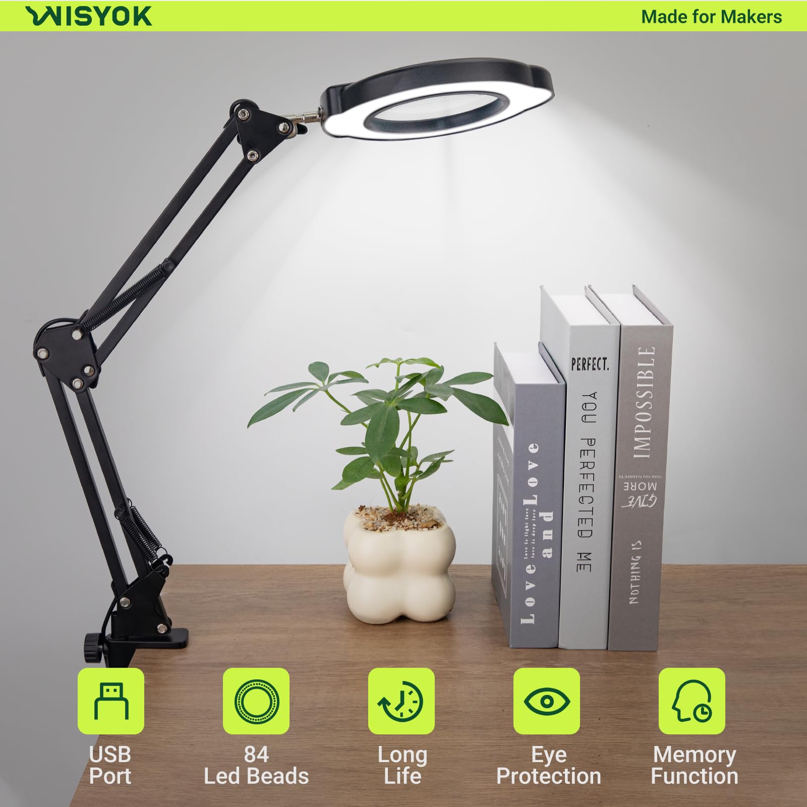 WISYOK Lupe mit Licht und Ständer, 10x LED Lupenleuchte mit Groß Schwenkarm, 5 Farbmodi 10 Stufenlos Dimmbare, 2in1 Lupenlampe mit Klemme und Basis, Leselupe für Senioren, Tischlupe, Sehbehinderte