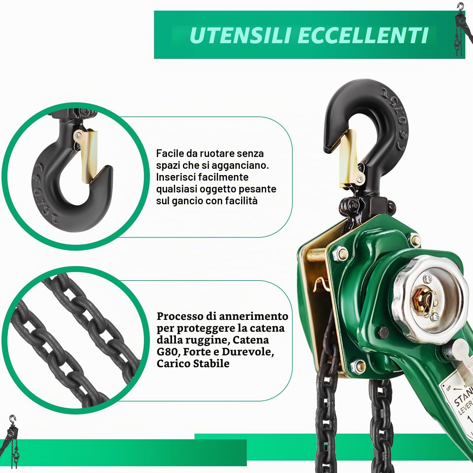 STANEW Paranco a Catena, Paranco a Leva Manuale Altezza di Sollevamento 2.8m, Capacità Max. da 1.5t, Catena in acciaio al carbonio G80, gancio girevole a 360°