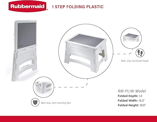 Miniatura 5 de Rubbermaid Mini Folding Step Stool, Short, Foldable, Lightweight with Slip Resistant Treads and Non-Slip Feet, White