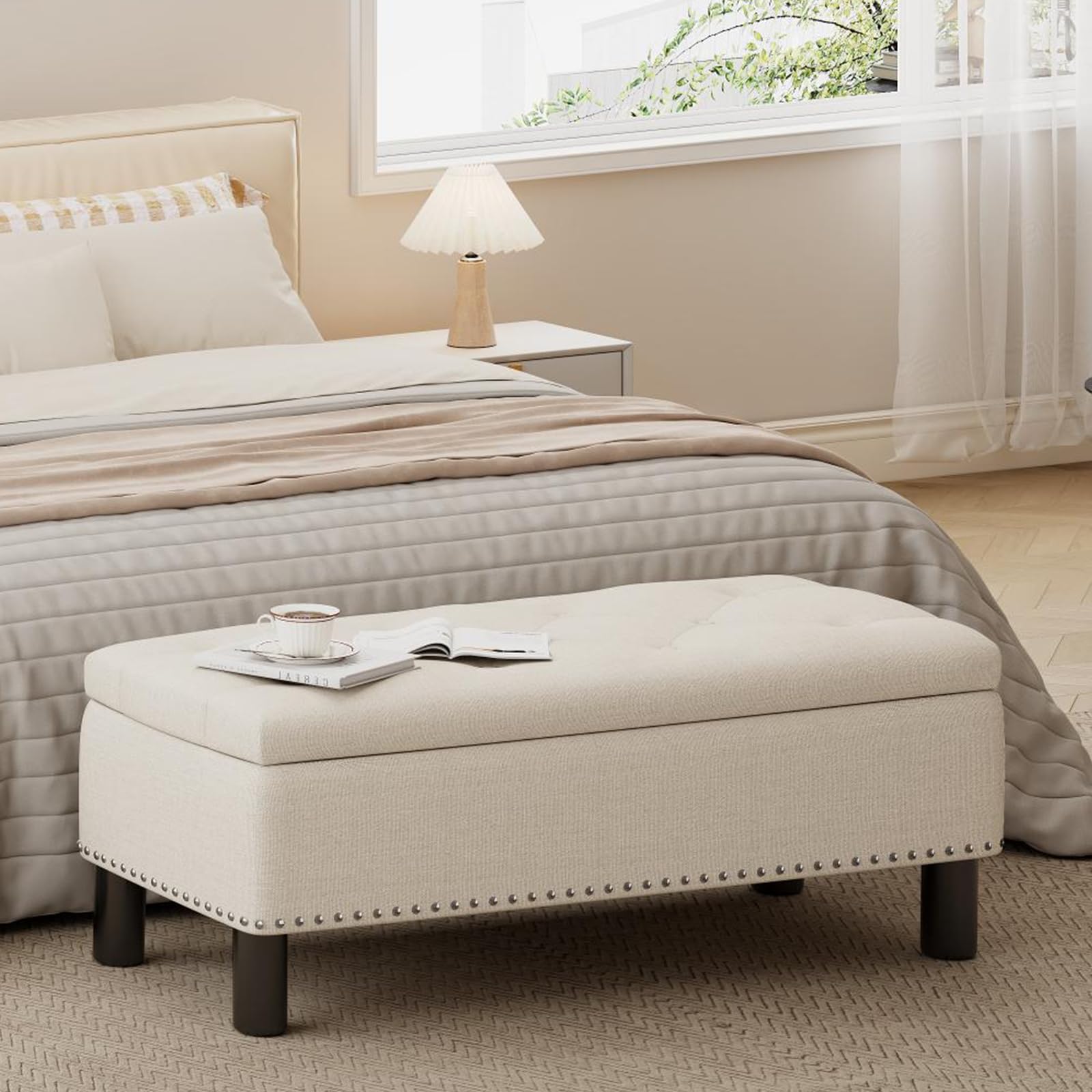 Furniliving Large Storage Ottoman, Beige, Wood Frame, Linen Fabric, 285 Lbs Capacity