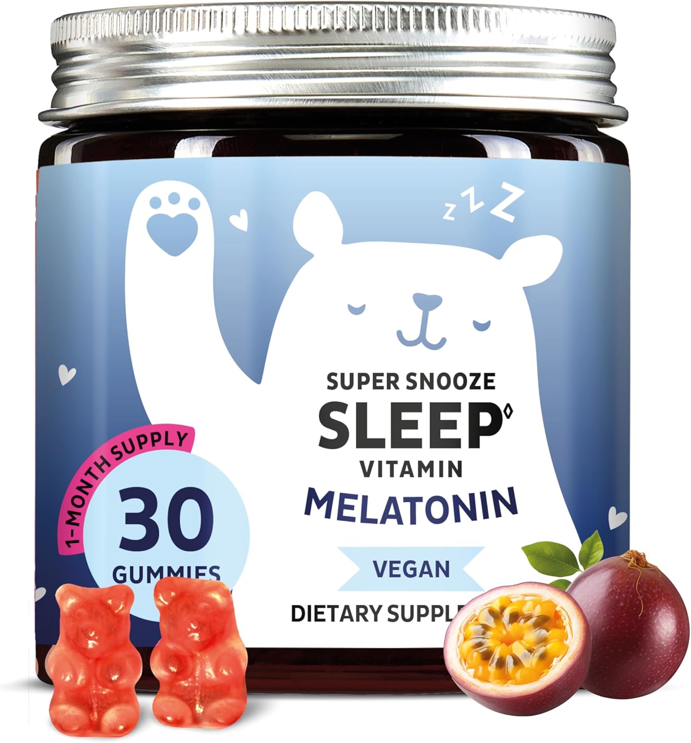 Bears with Benefits Vegan Melatonin 5mg Gummies, Sleep Gummies for Reduced time to Fall Asleep, with Vitamin B6 & Passion Fruit Extract - Super Snooze Sleep Vitamin (30 Gummies)
