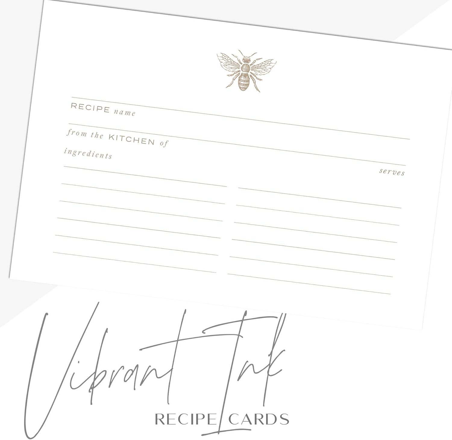 Dashleigh Bee Recipe Cards 4x6, 50 Water Resistant Double Sided | Gold bee design on thick cardstock. Bridal shower, bride to bee theme. Wedding, kitchen, gift.