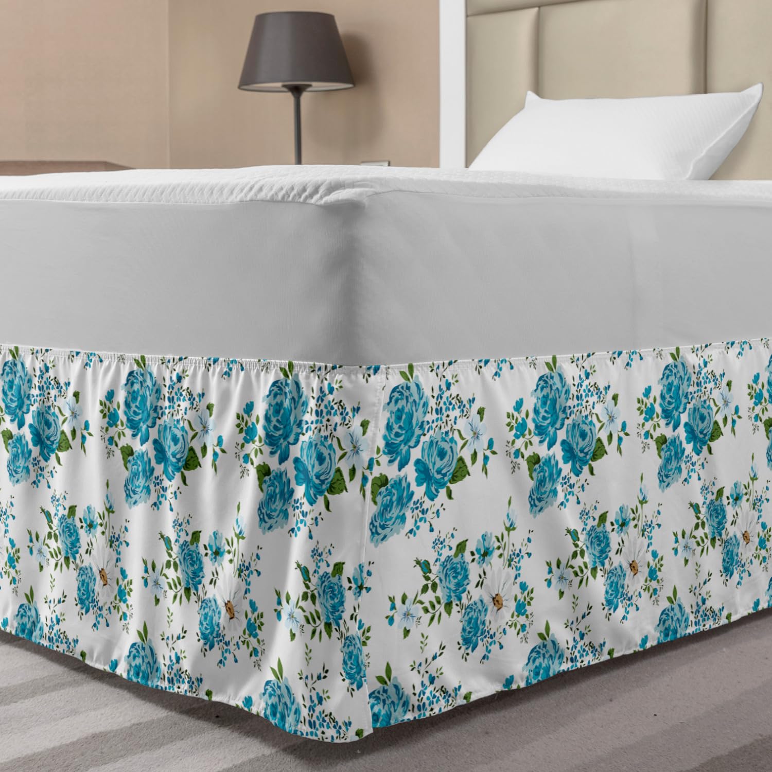 Lunarable Floral Bed Skirt Vintage Floral Pattern with Soft Pastel Colors Romantic Retro Boho Spring Elastic Bedskirt Dust