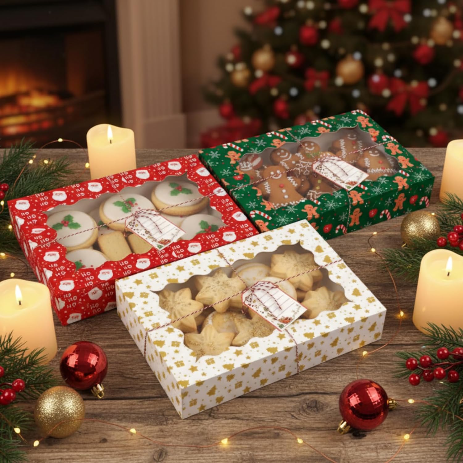 Ctosree 12 Pack Large Christmas Cookie Boxes 15 x 10 x 2.8 Inch Cookie Tins with Lids DIY Tag and Rope for Gift Giving Bakery Treat Box with Window Holiday Pastry Container Xmas Party Favor(Cute)