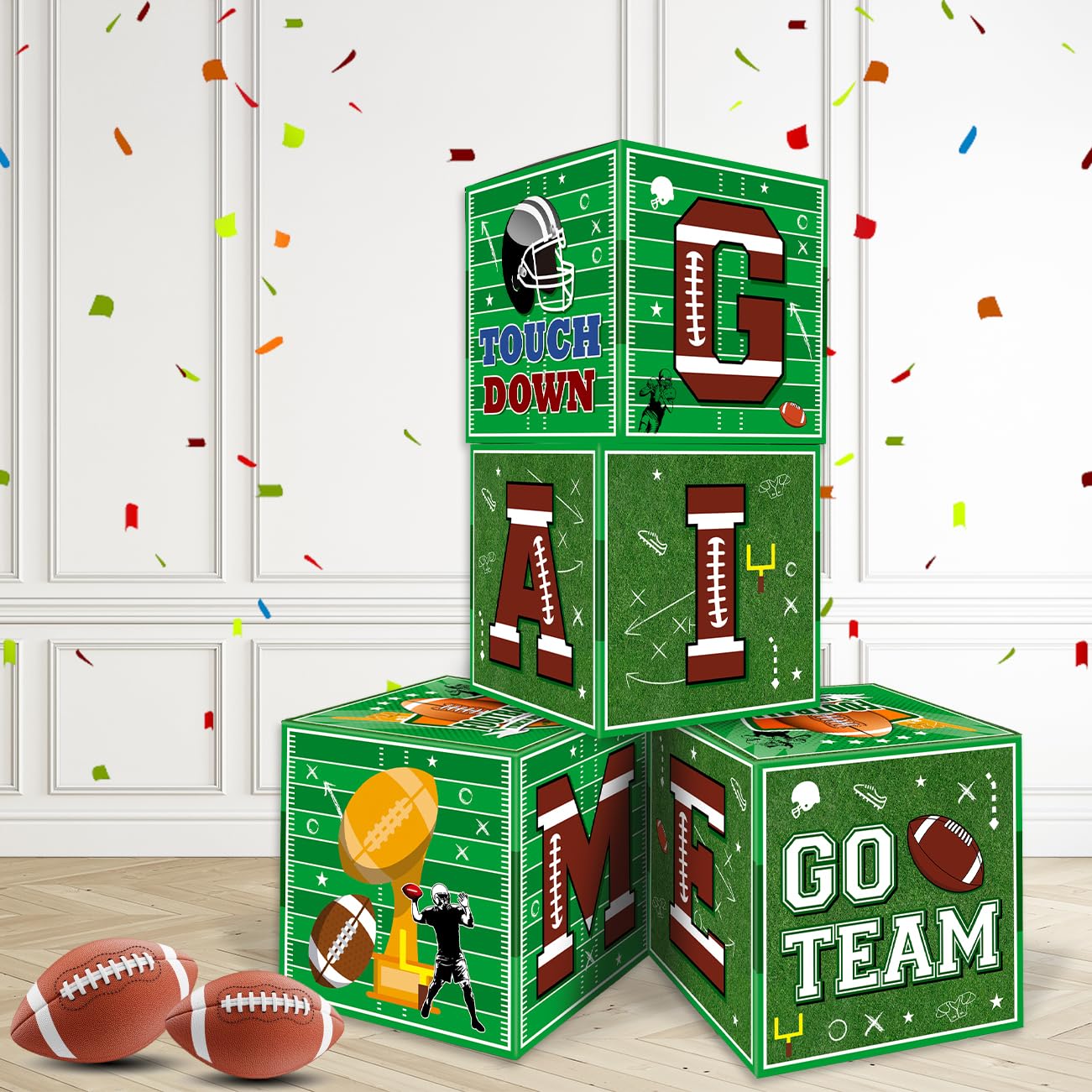 Football Party Decorations -Set of 4 Football Theme Balloon Boxes with Game and TIME Letters Football Touchdown Balloon Boxes for Football Birthday Party Football Gameday Tailgate Party Supplies